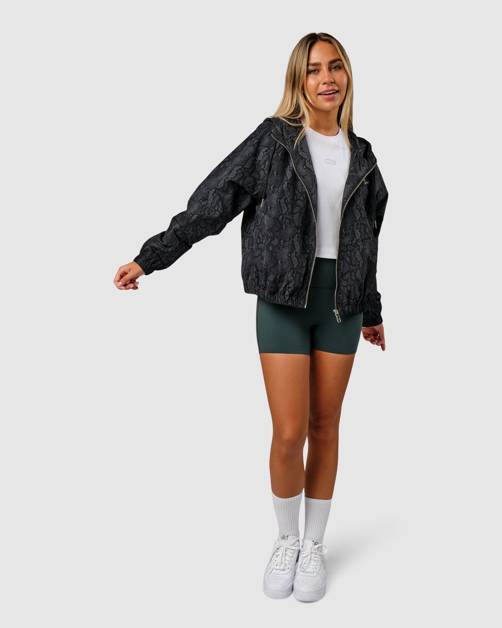 Model wearing Mayweather Spray Jacket - Forest Snakeskin