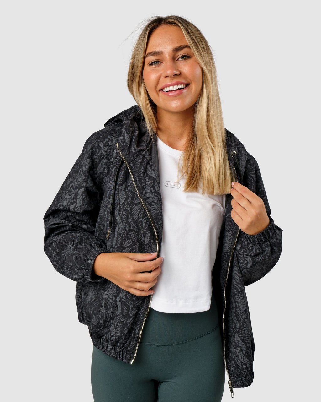 Model wearing Mayweather Spray Jacket - Forest Snakeskin