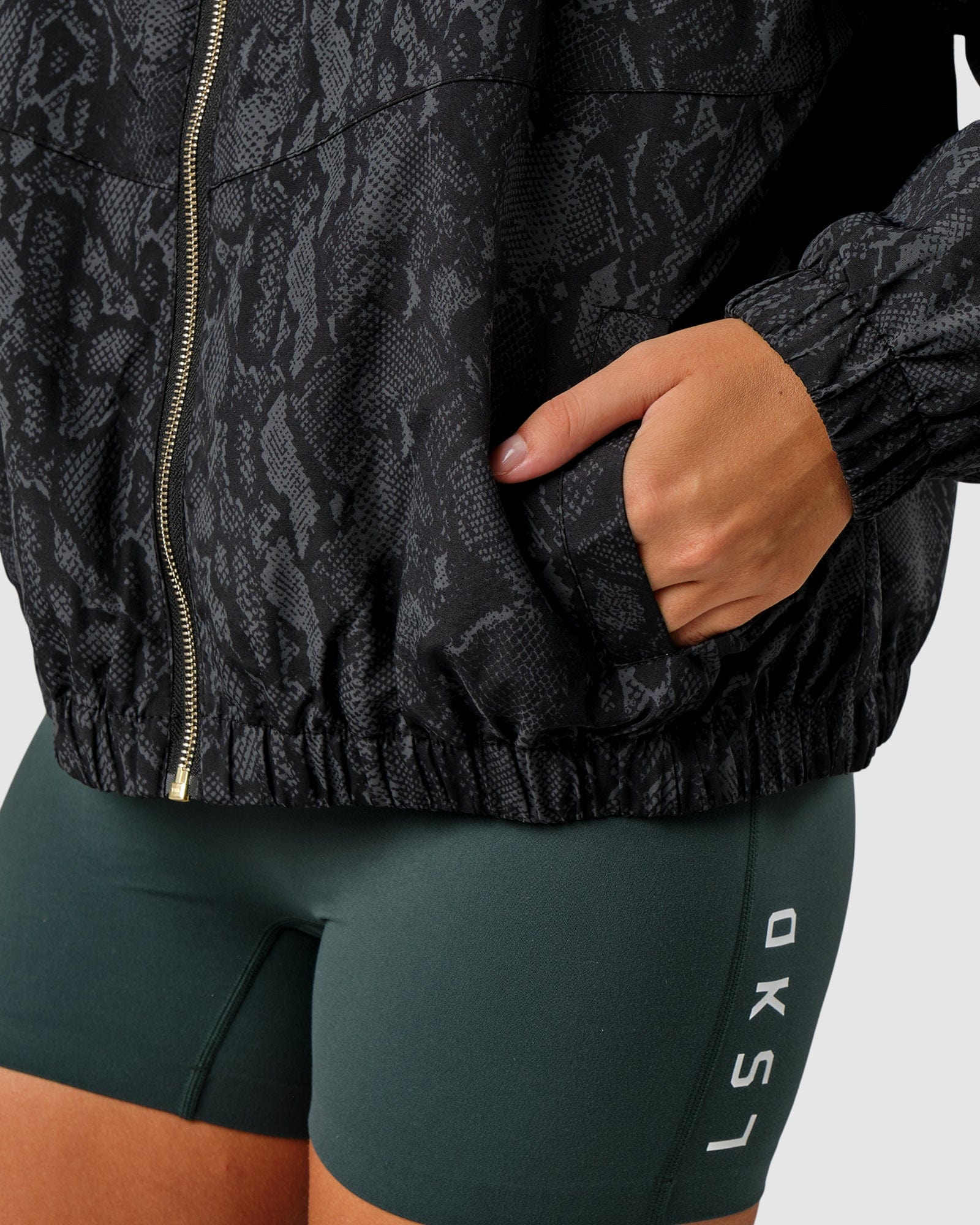 Model wearing Mayweather Spray Jacket - Forest Snakeskin