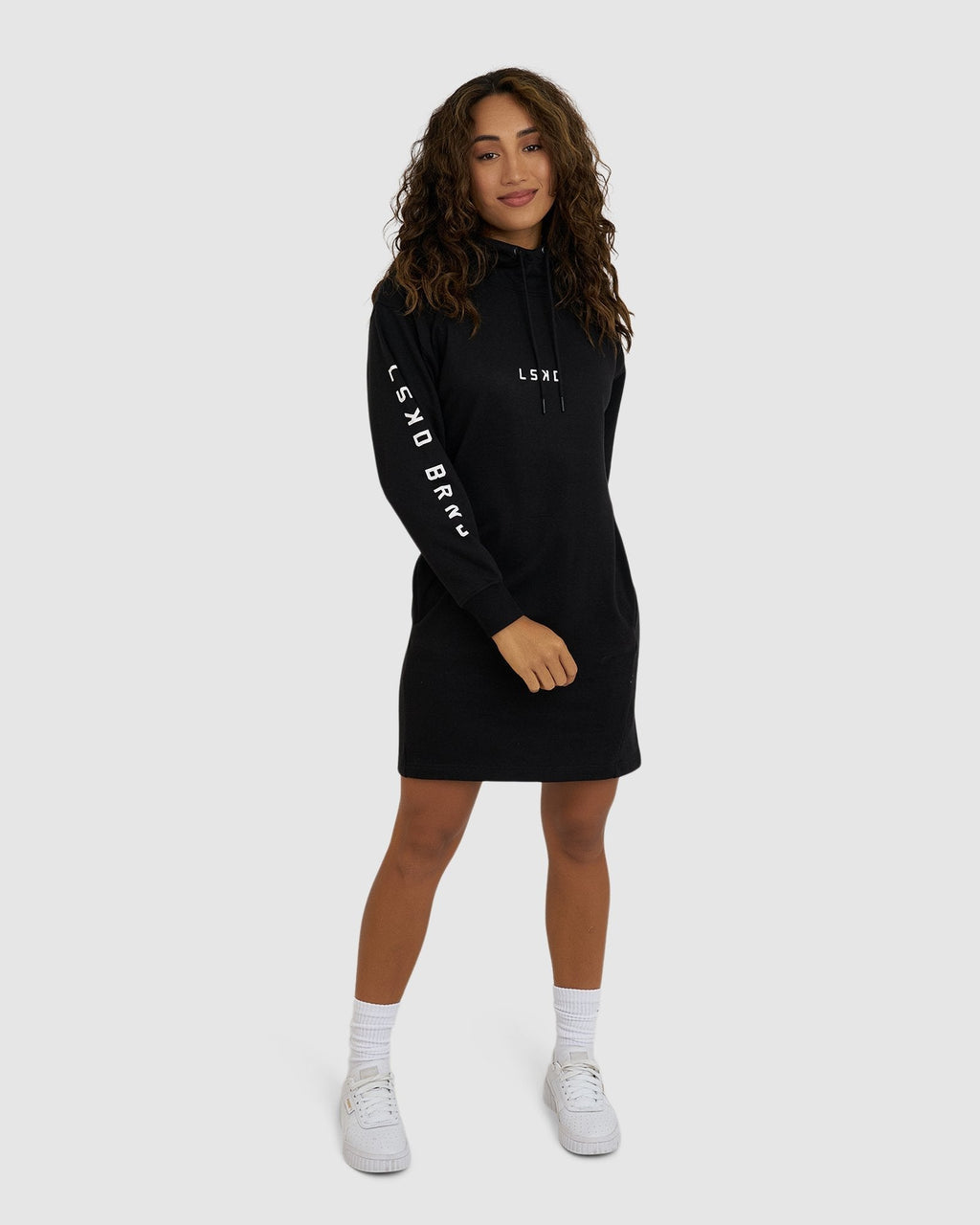Model wearing Perspective Pullover Dress - Black-White