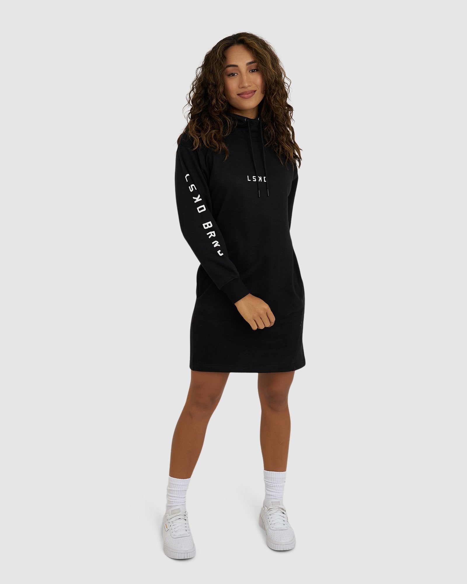 Model wearing Perspective Pullover Dress - Black-White