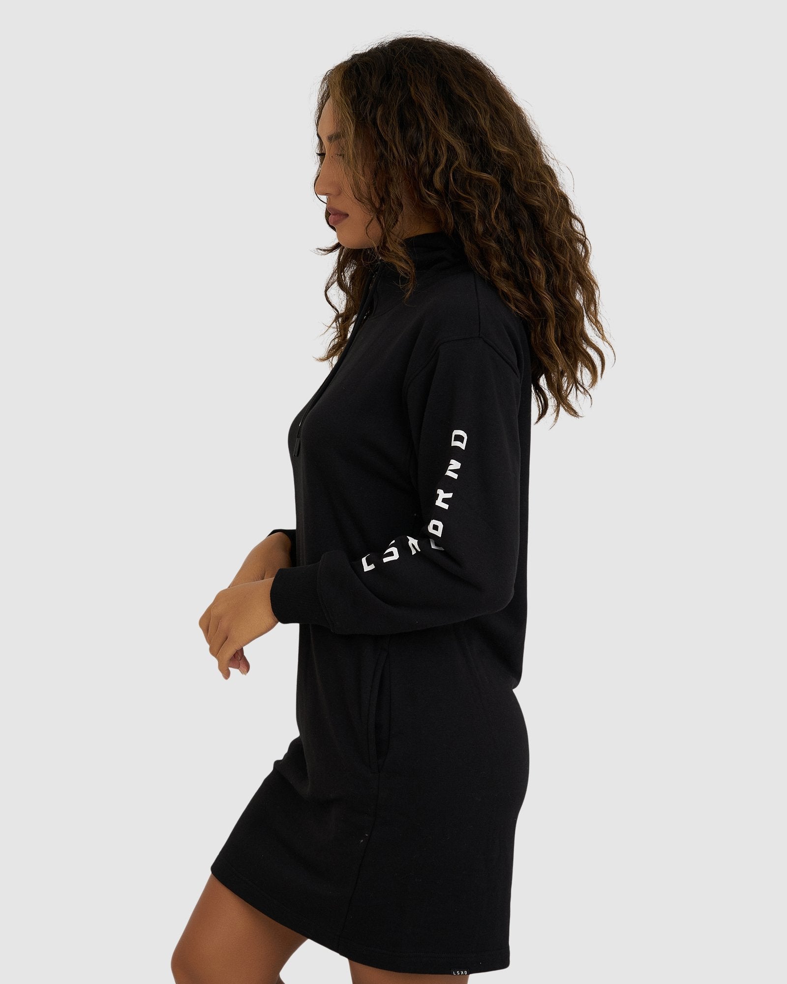 Model wearing Perspective Pullover Dress - Black-White