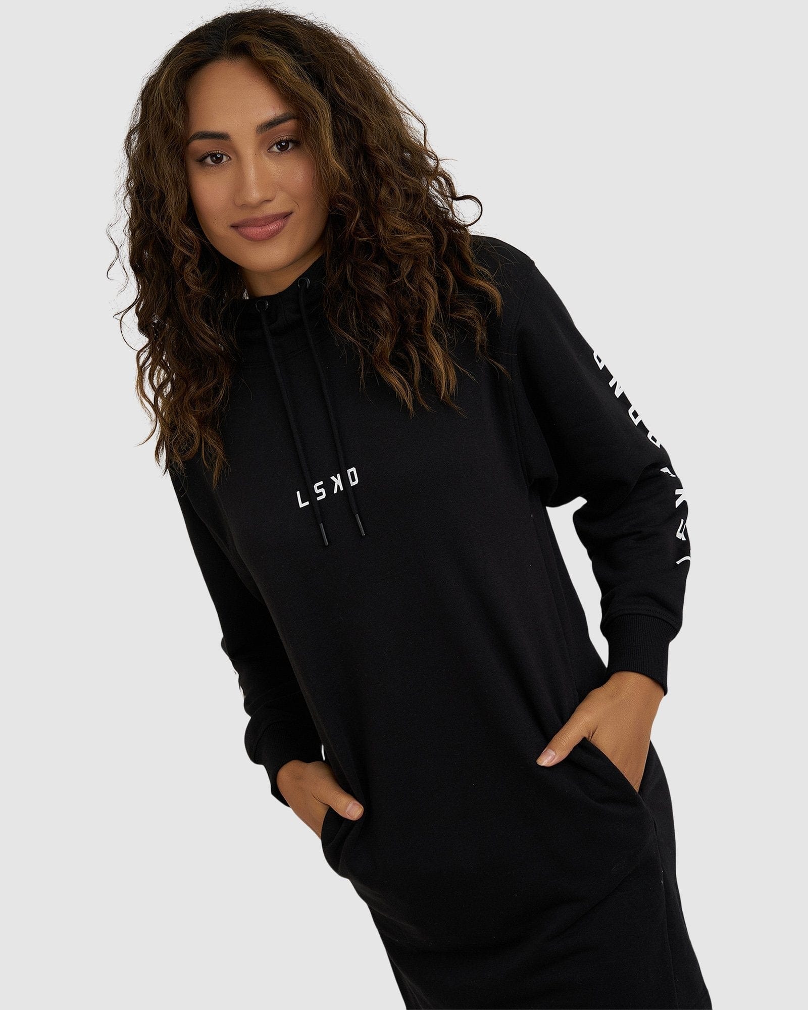 Model wearing Perspective Pullover Dress - Black-White