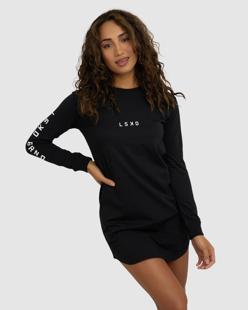 Model wearing Perspective LS Tee Dress - Black