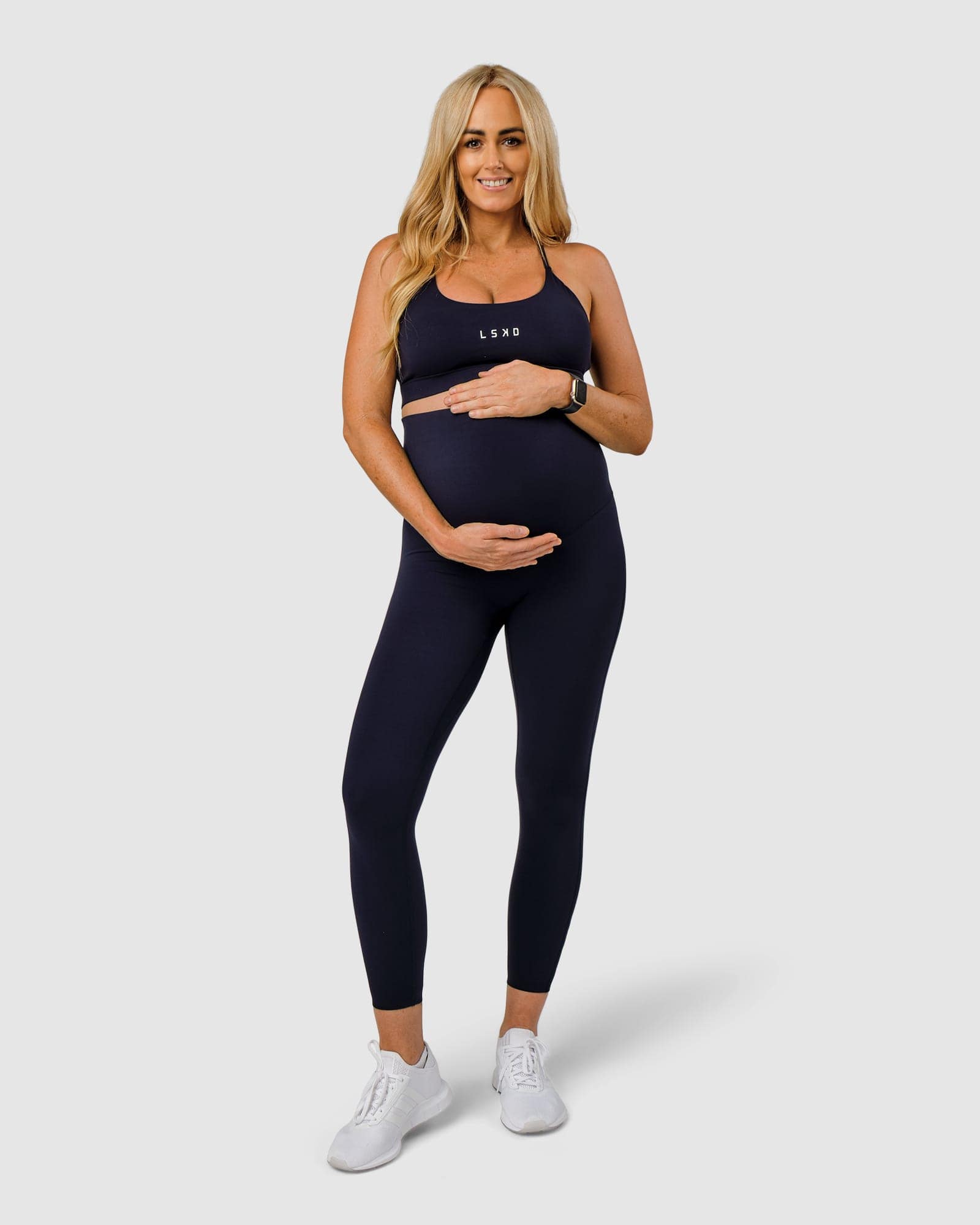 Model wearing Elixir Full Length Maternity Tight - Navy