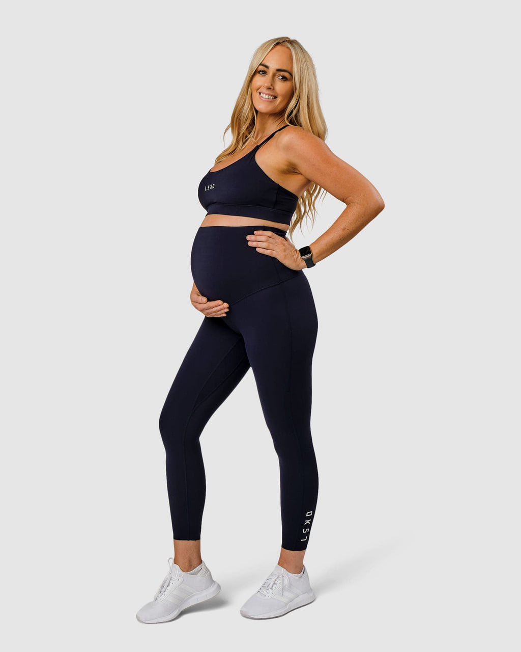 Model wearing Elixir Full Length Maternity Tight - Navy