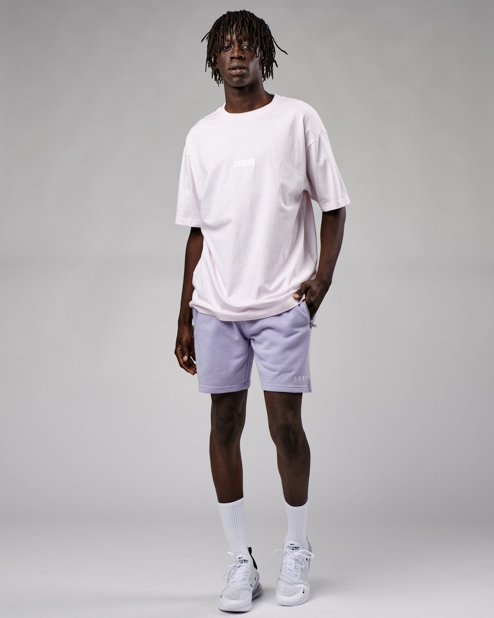 Model wearing Connor Track Short - Cosmic Sky