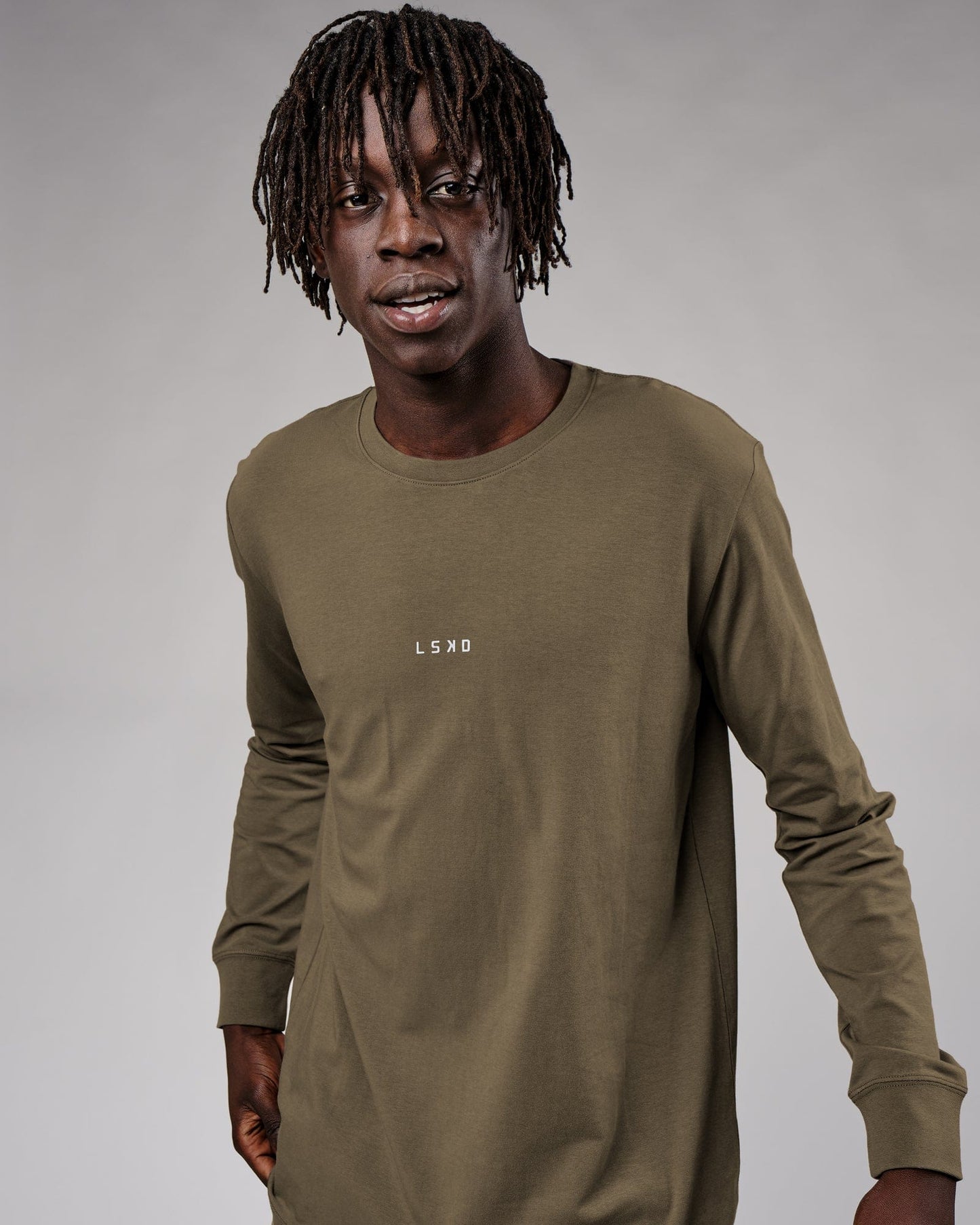Model wearing Base LS Tee - Walnut Grey