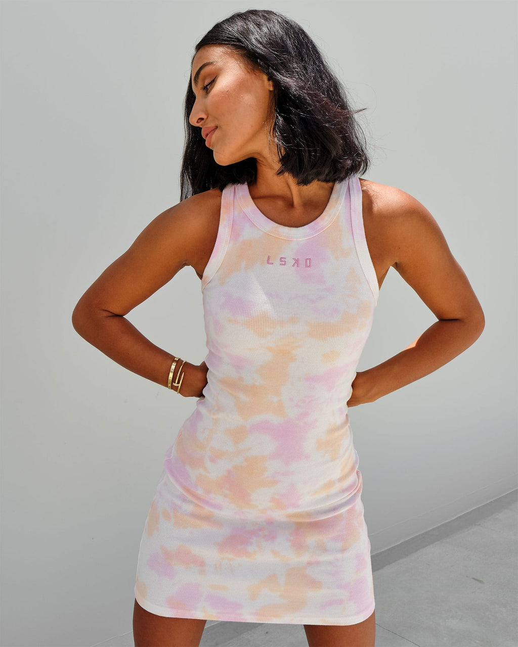 Model wearing Field Ribbed Tank Dress - Tutti Frutti Tie Dye