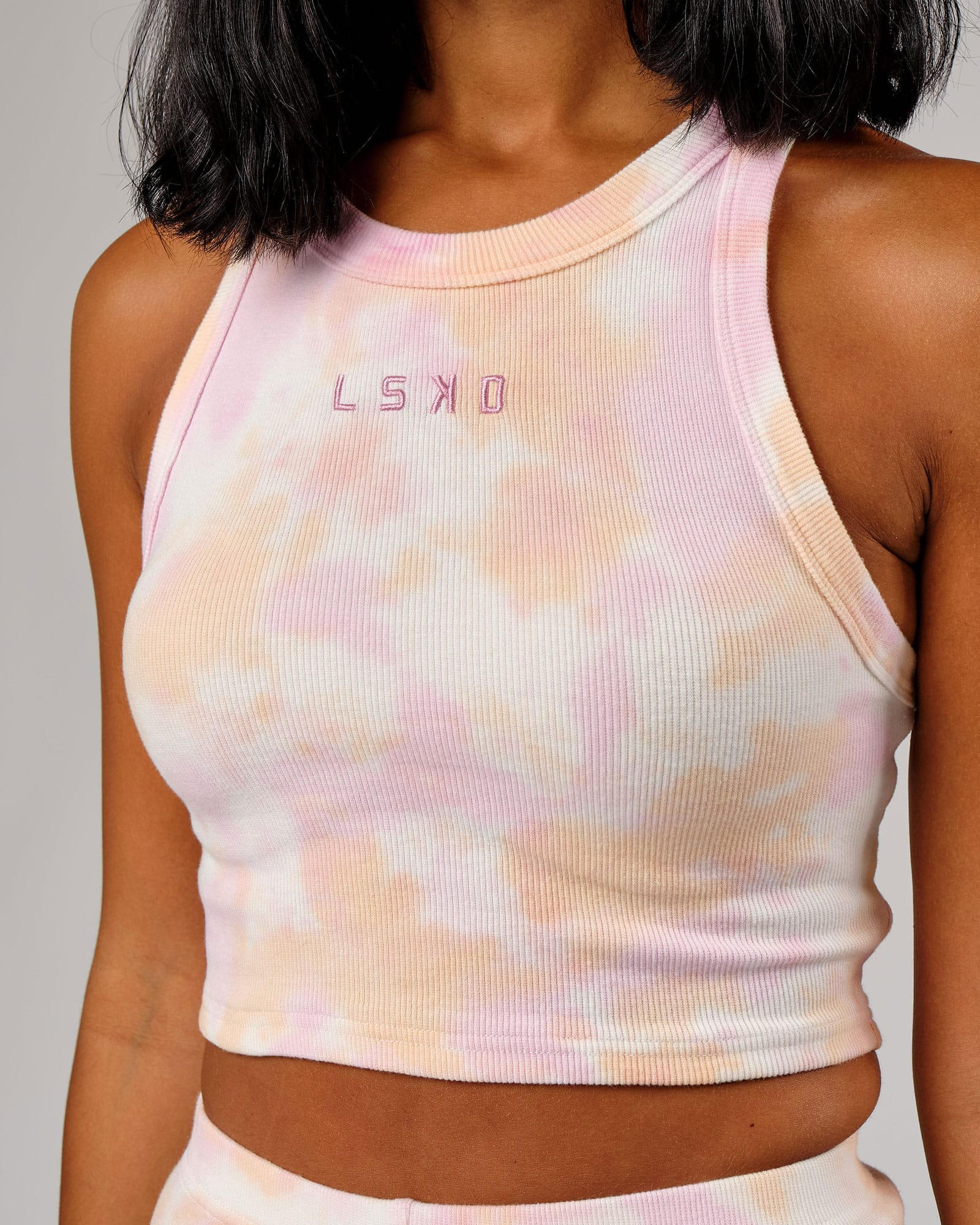 Model wearing Crop Field Ribbed Tank - Tutti Frutti Tie Dye