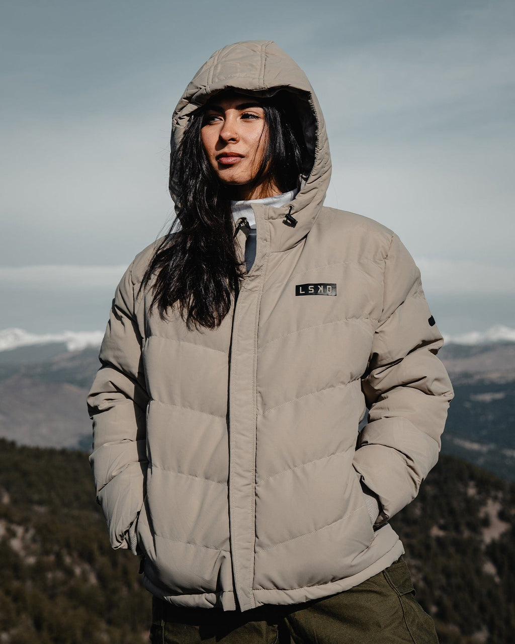 Model wearing Roasted Puffer Jacket 22 - Laurel Oak