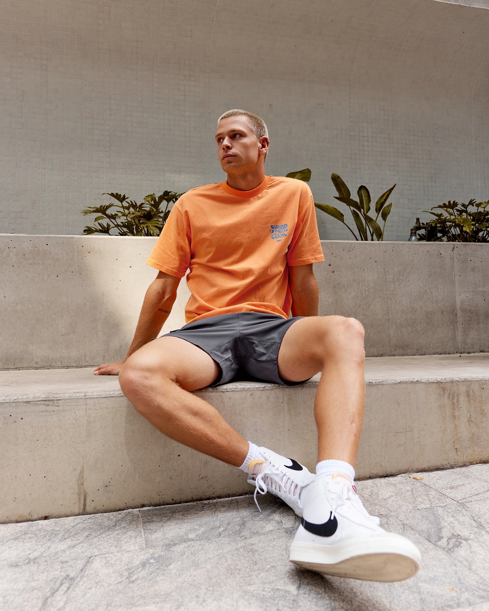 Model wearing Good Times Heavyweight Tee Oversize - Tangerine-Blue