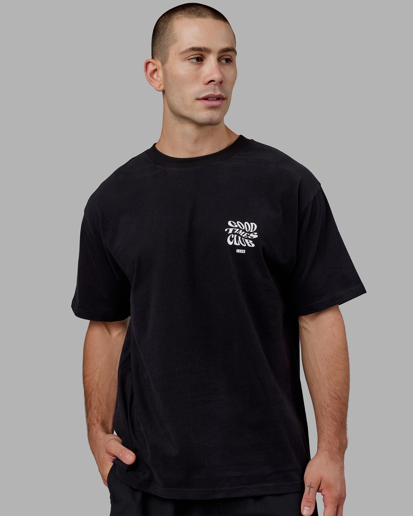 Model wearing Good Times Heavyweight Tee Oversize - Black-White