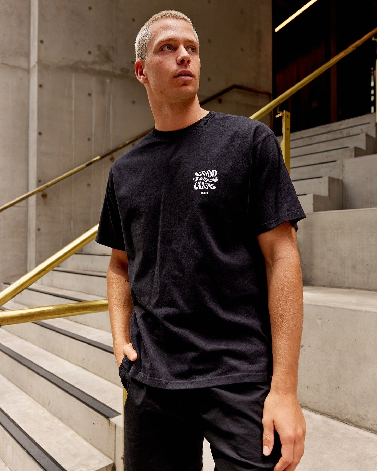 Model wearing Good Times Heavyweight Tee Oversize - Black-White