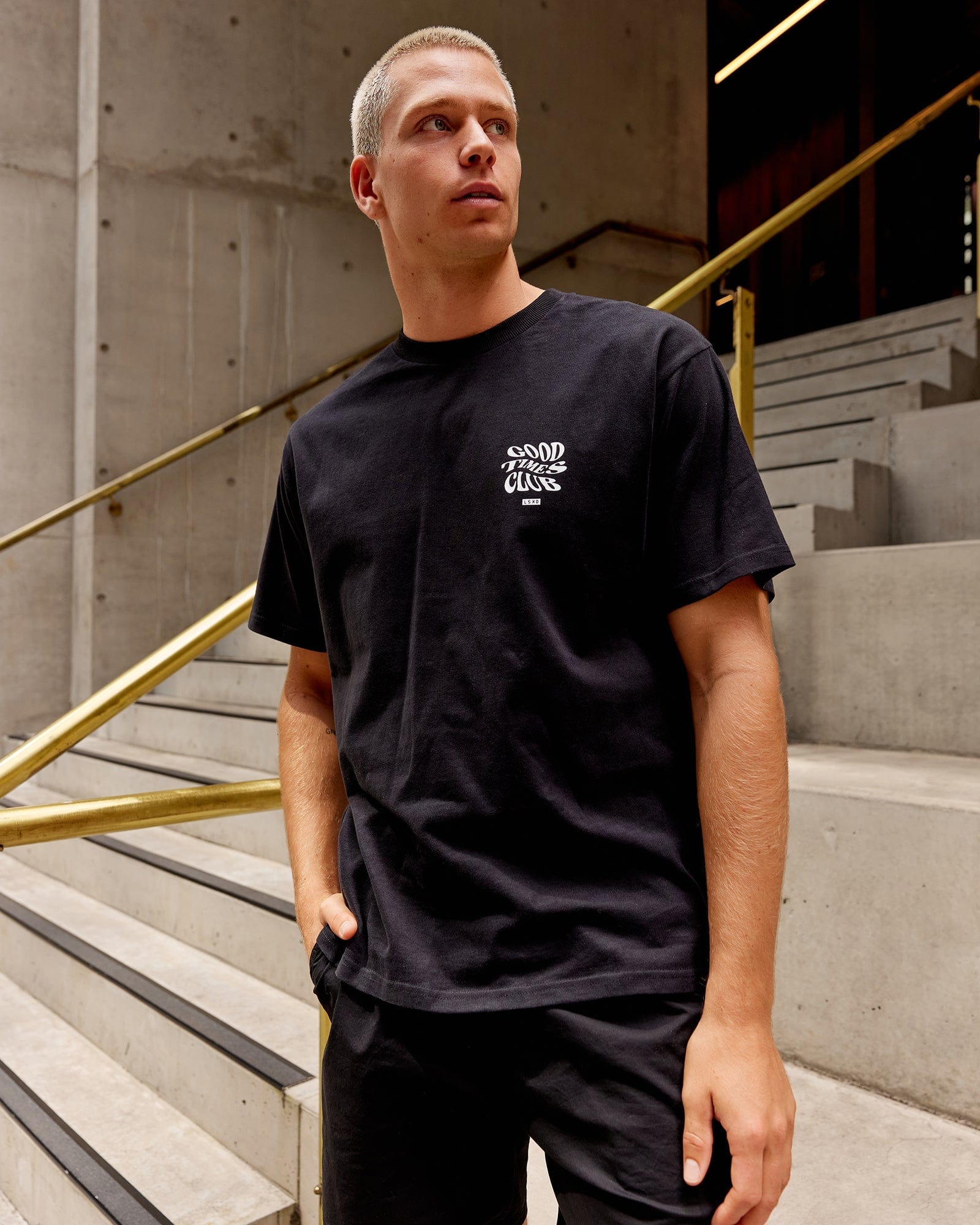 Model wearing Good Times Heavyweight Tee Oversize - Black-White