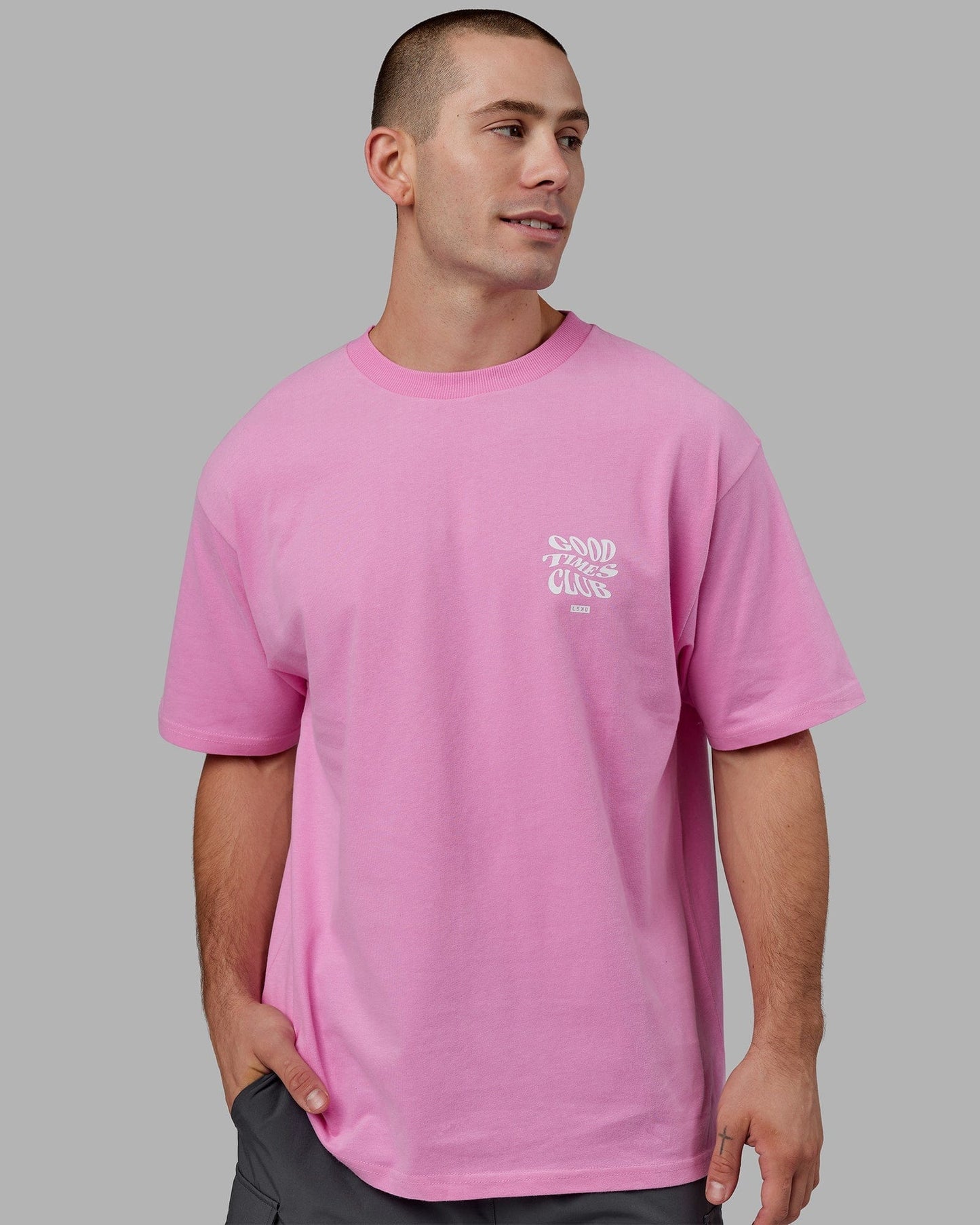 Model wearing Good Times Heavyweight Tee Oversize - Spark Pink