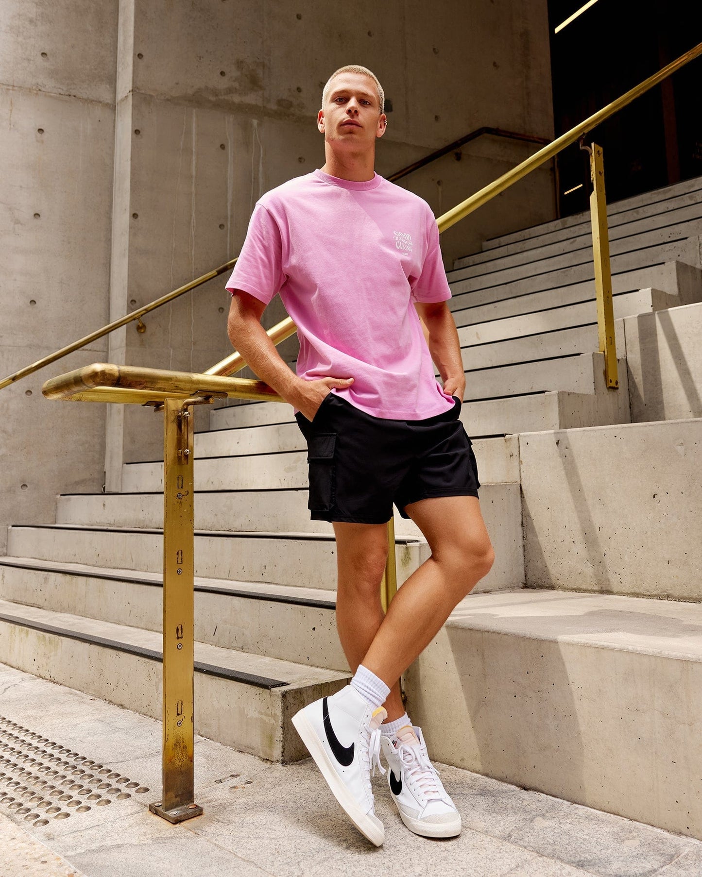 Model wearing Good Times Heavyweight Tee Oversize - Spark Pink