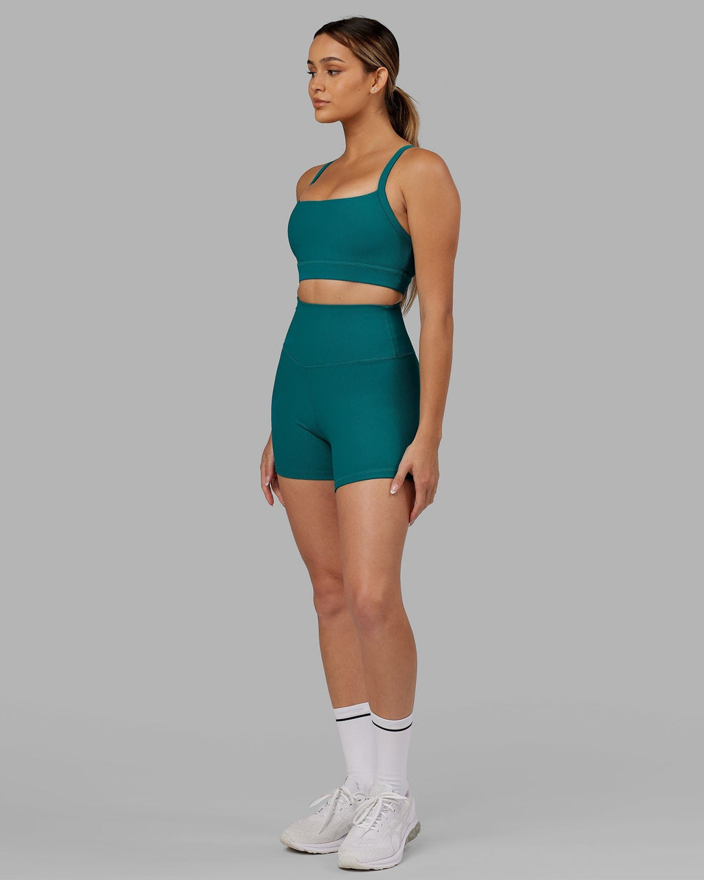 Model wearing Strike Ribbed X Short Tights - Sea Green