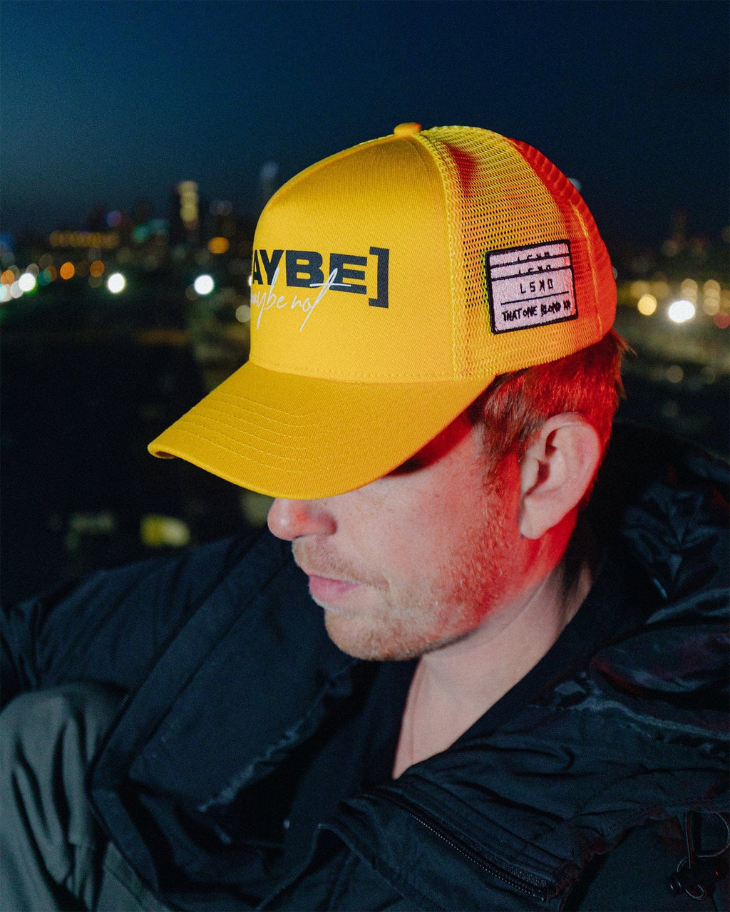 Model wearing TOBK Trucker Hat - Yellow