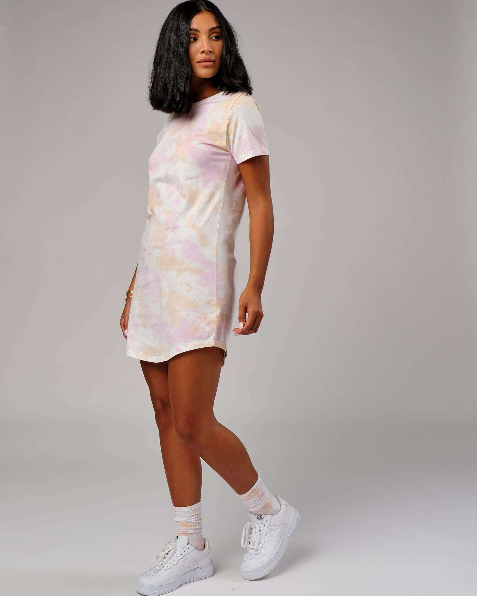 Model wearing Field Tee Dress - Tutti Frutti Tie Dye