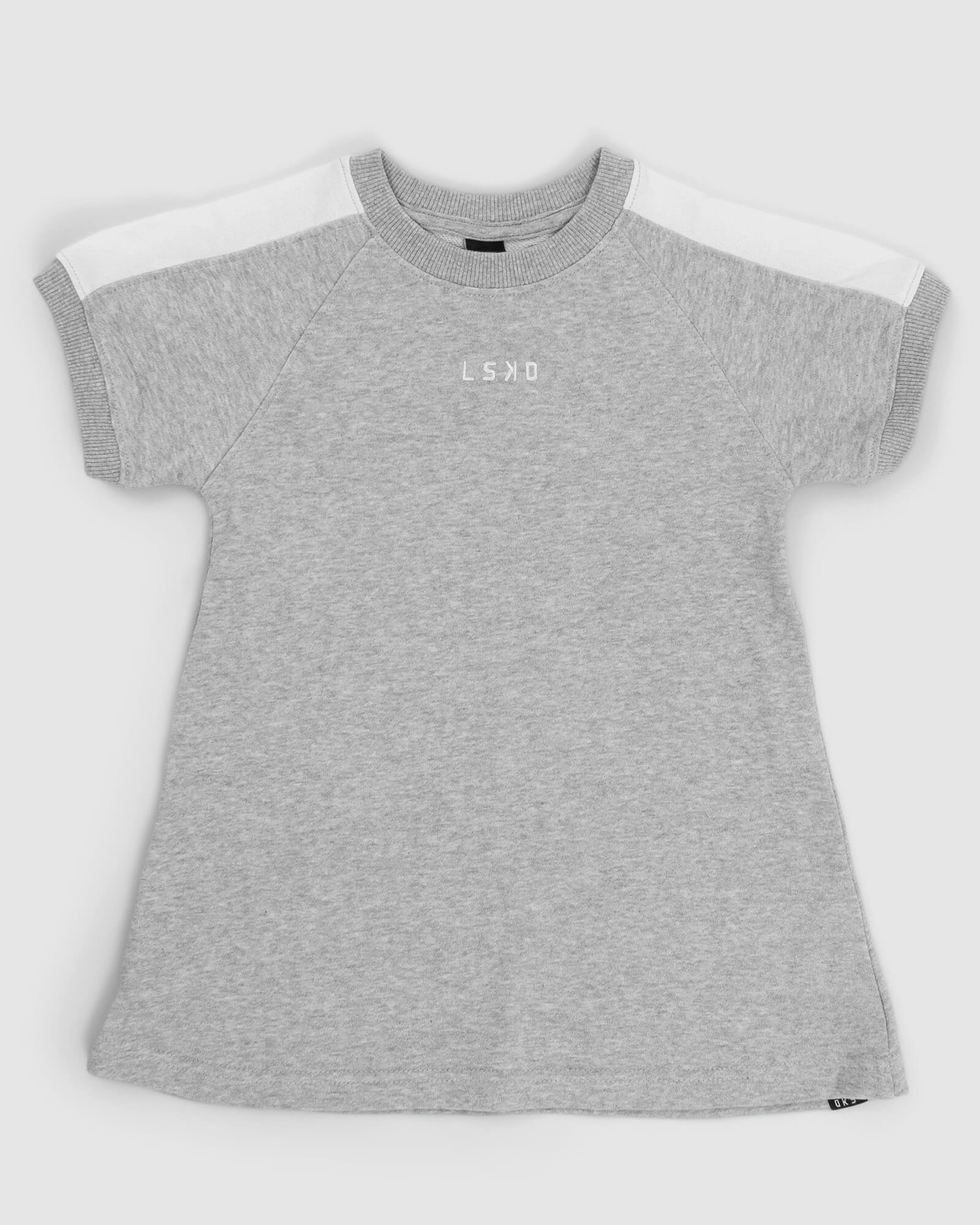 Model wearing Shooter Tee Dress (00-8) - Lt Grey Marl