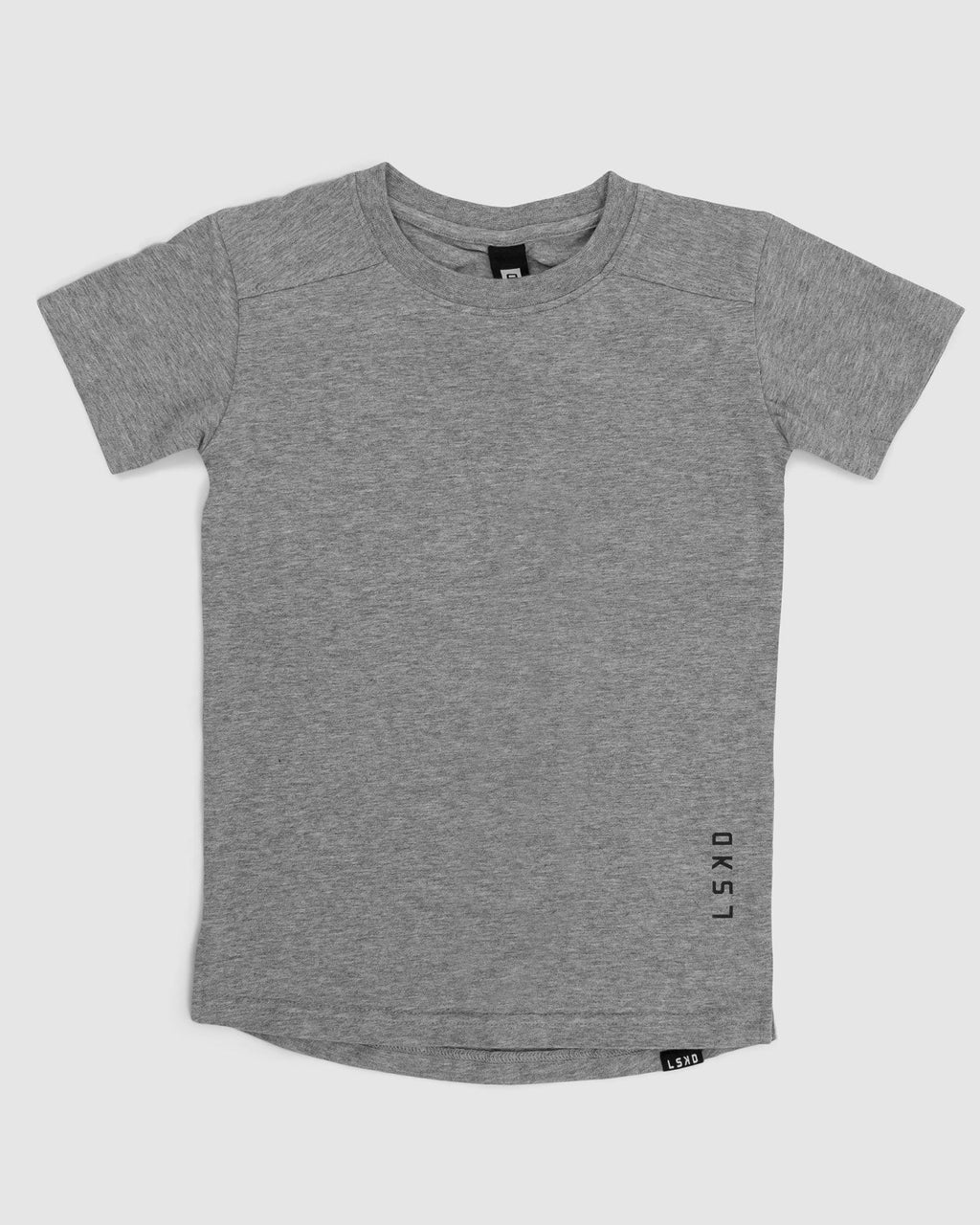 Model wearing Tab Tee (00-8) - Lt Grey Marl