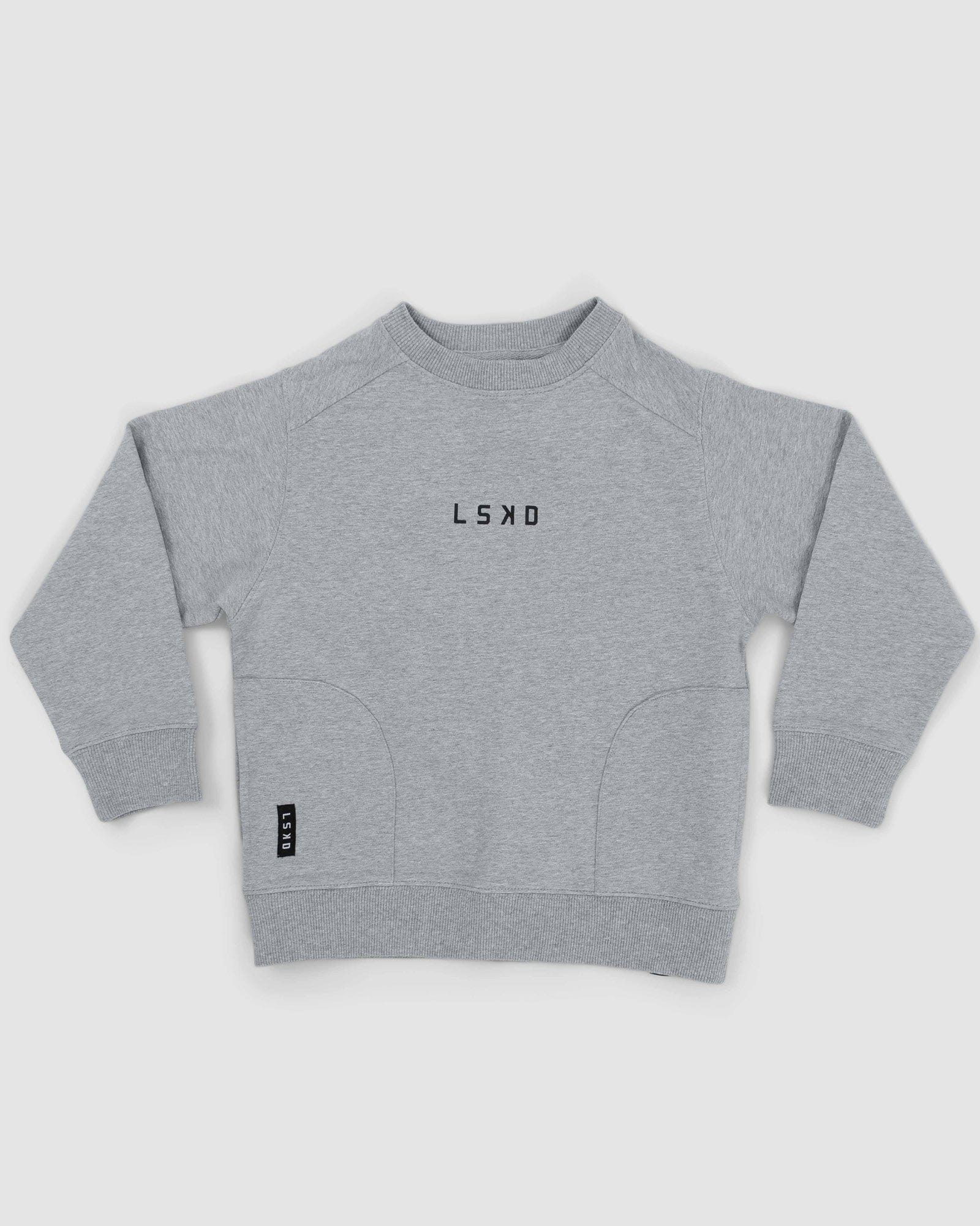 Model wearing Routine Sweater (00-8) - Lt Grey Marl