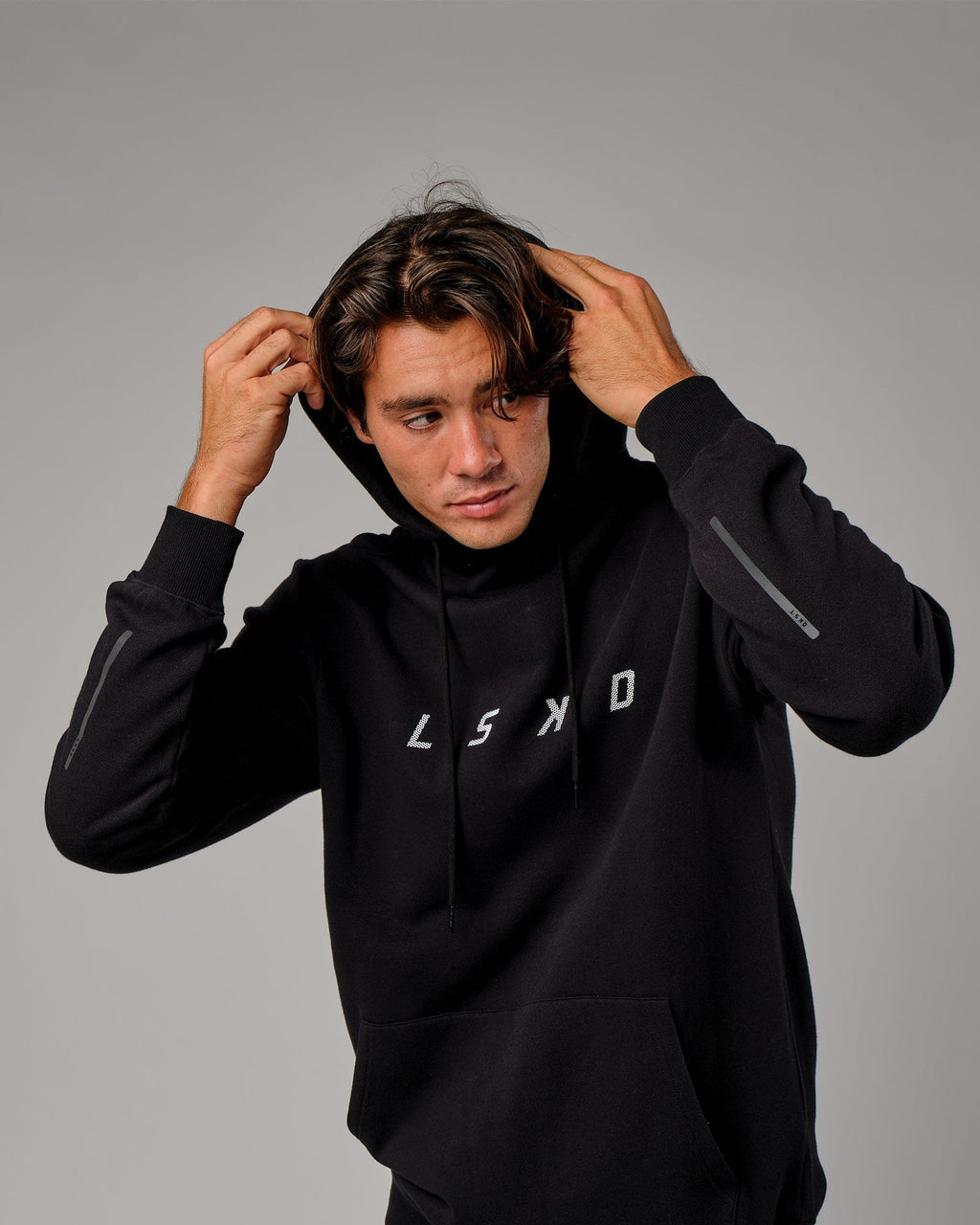 Model wearing Grid Hoodie - Black