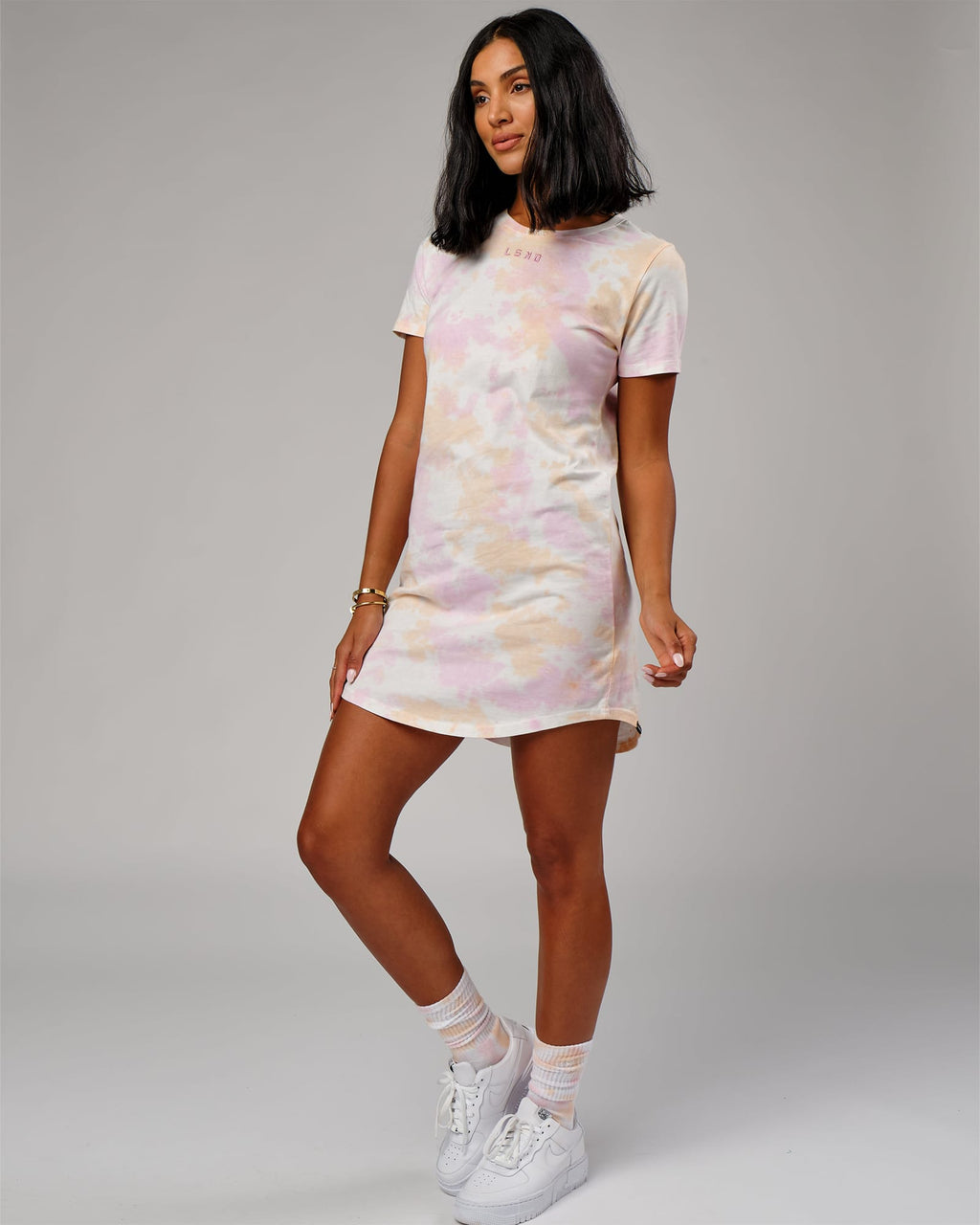 Model wearing Field Tee Dress - Tutti Frutti Tie Dye