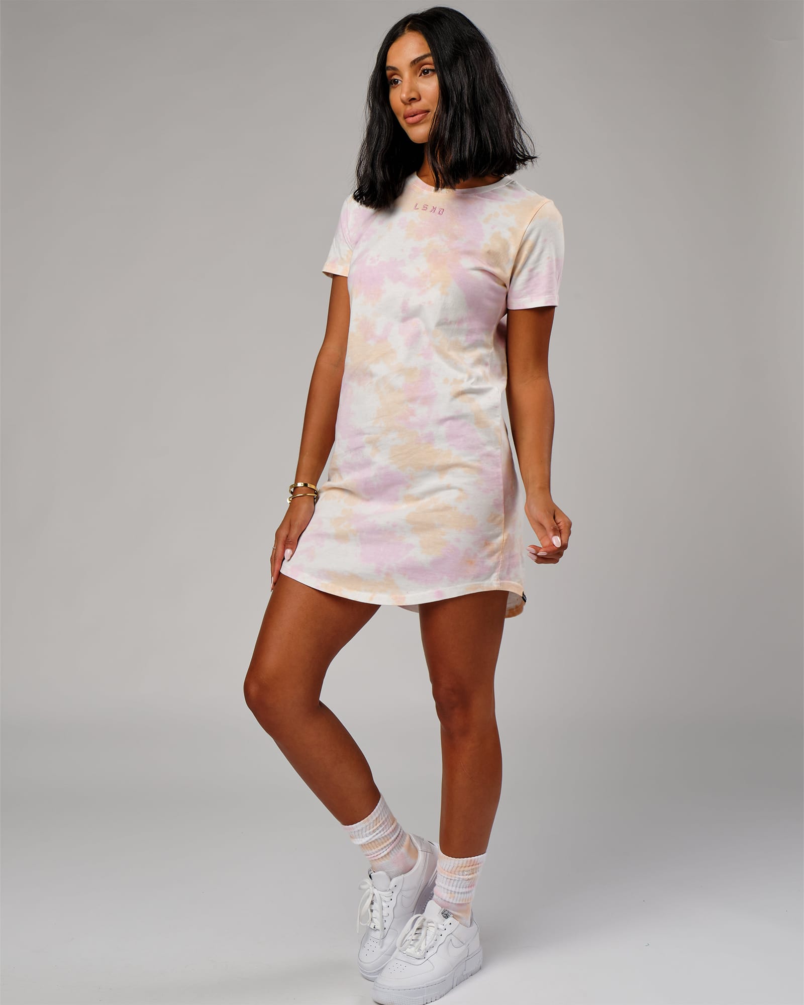 Model wearing Field Tee Dress - Tutti Frutti Tie Dye