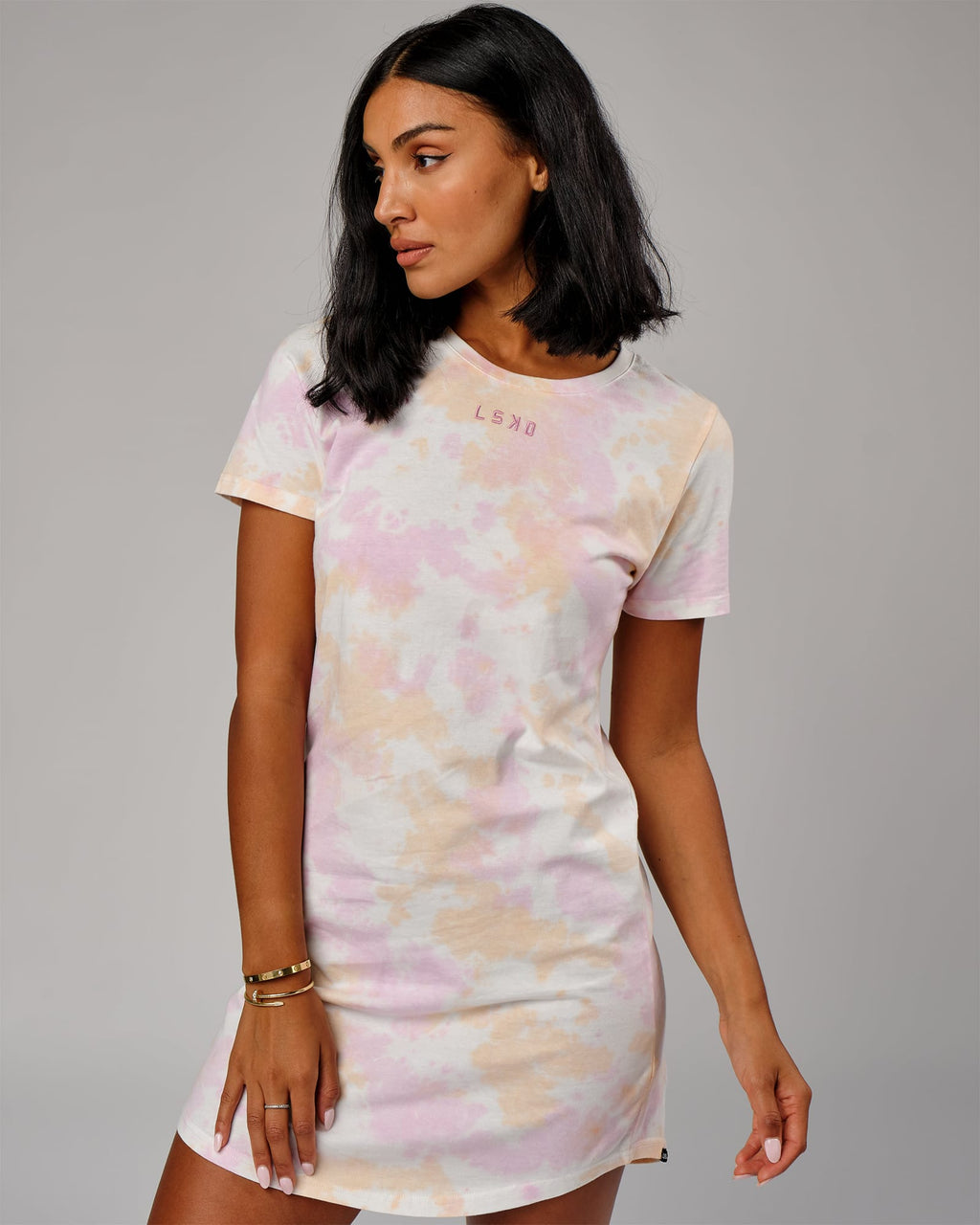 Model wearing Field Tee Dress - Tutti Frutti Tie Dye