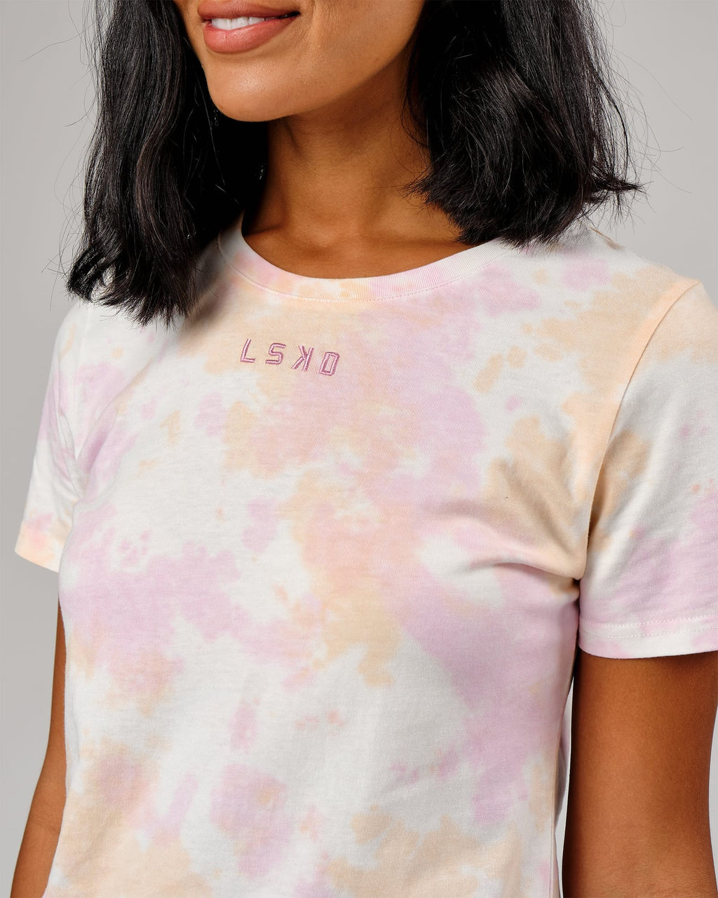 Model wearing Field Tee Dress - Tutti Frutti Tie Dye