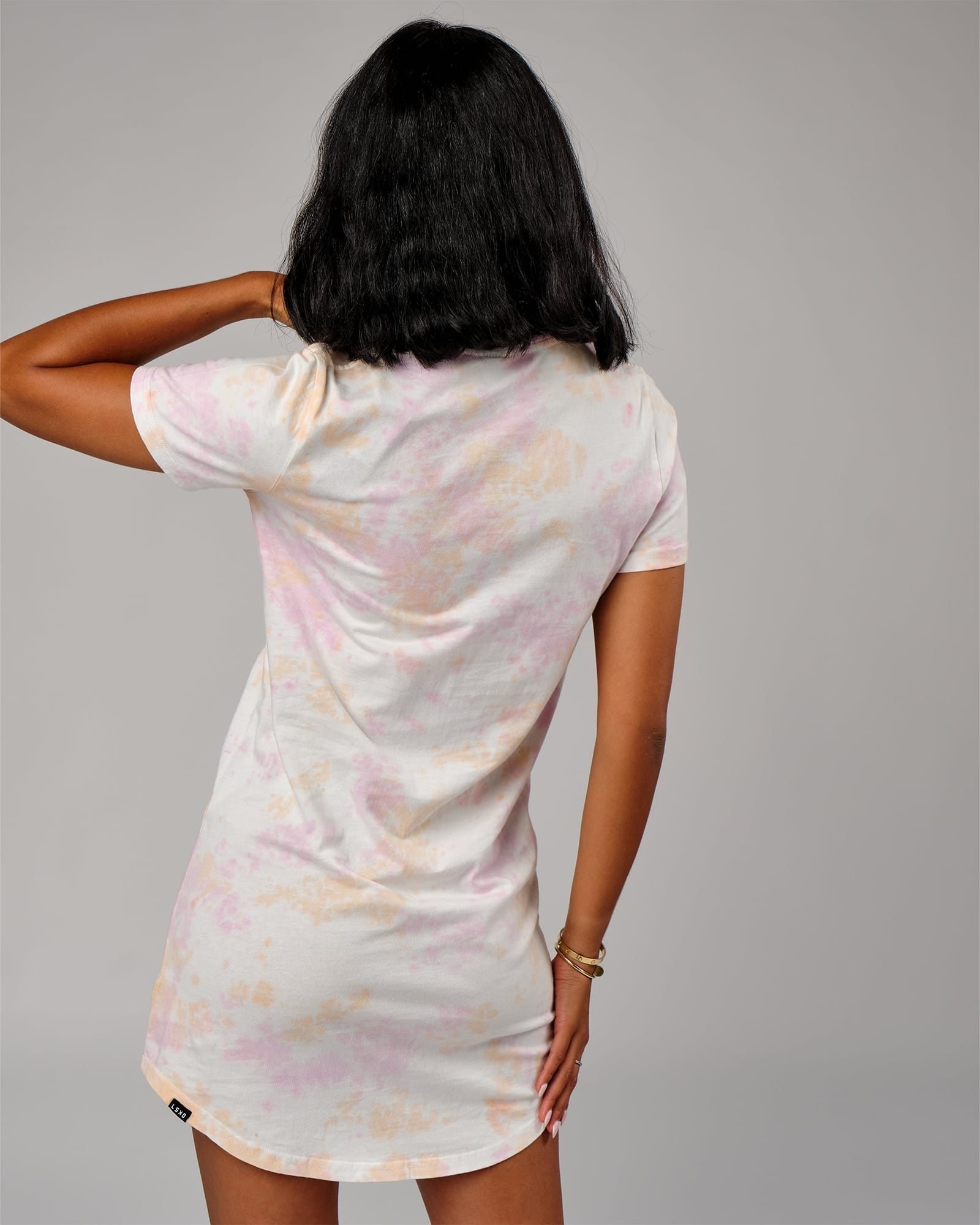 Model wearing Field Tee Dress - Tutti Frutti Tie Dye