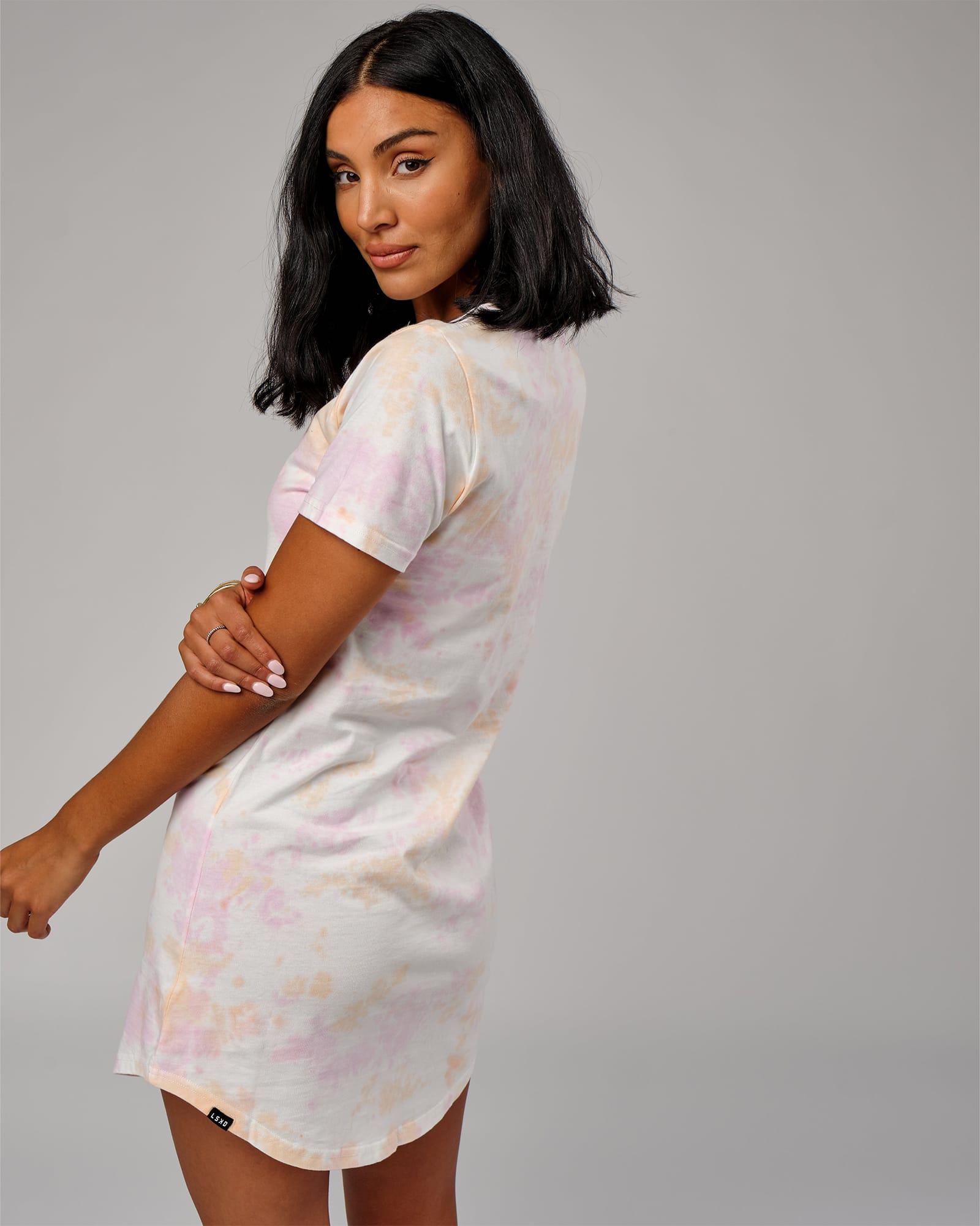 Model wearing Field Tee Dress - Tutti Frutti Tie Dye