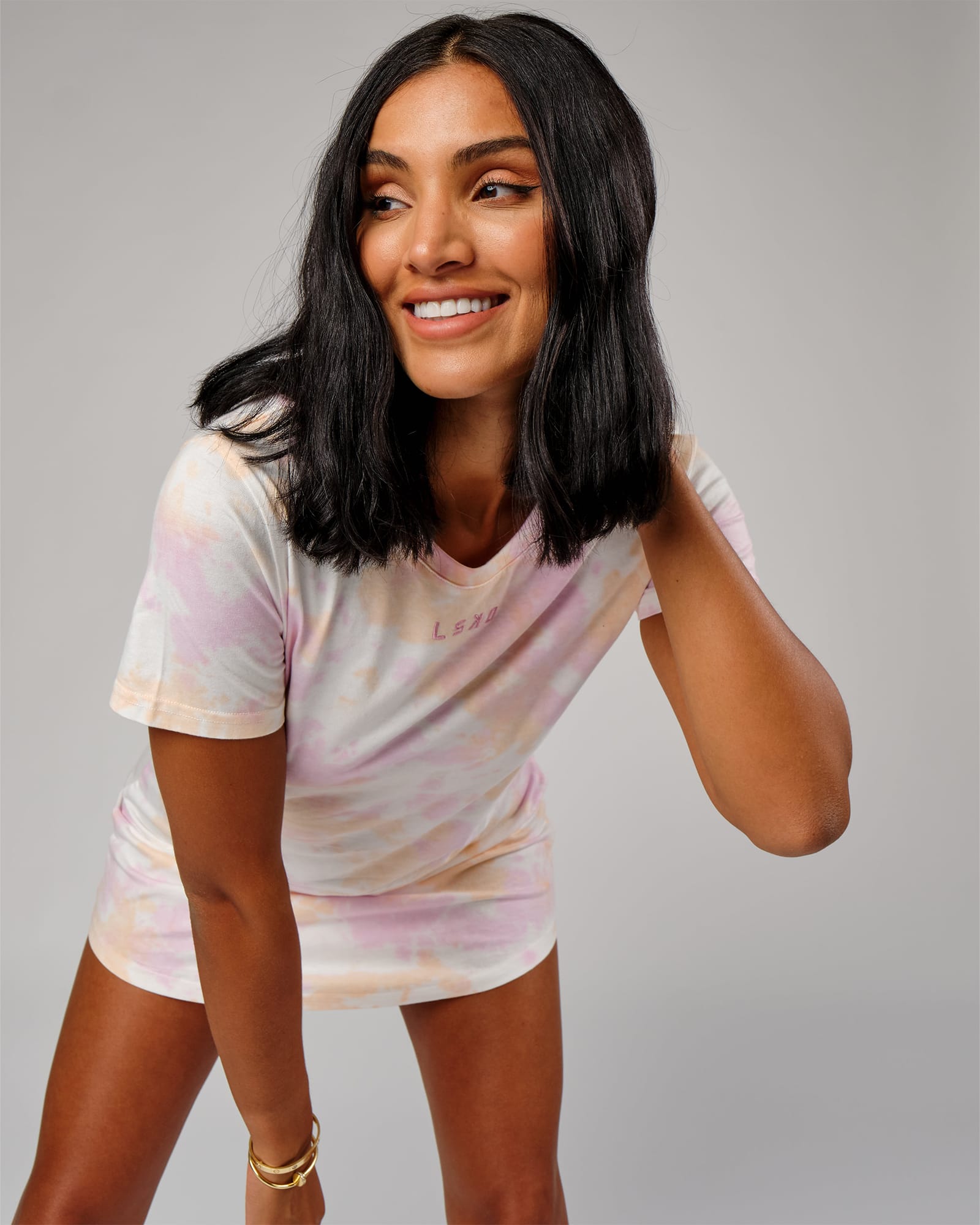 Model wearing Field Tee Dress - Tutti Frutti Tie Dye