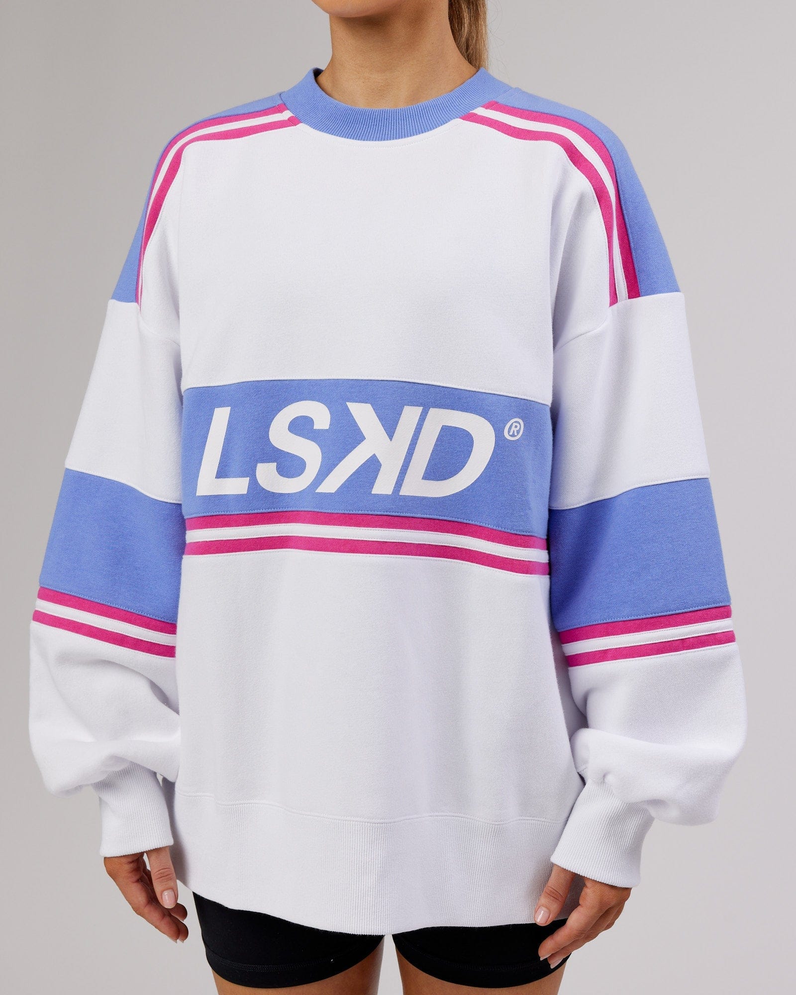 Model wearing A-Team Sweater Oversize - White-Cornflower Blue