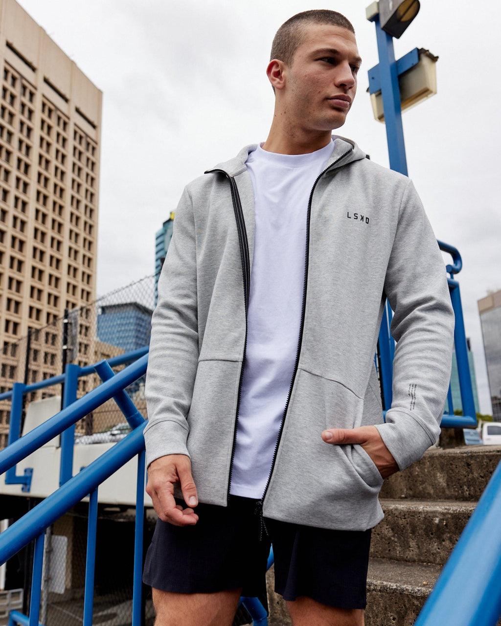 Model wearing Athlete ForgedFleece Zip Up Hoodie - Lt Grey Marl