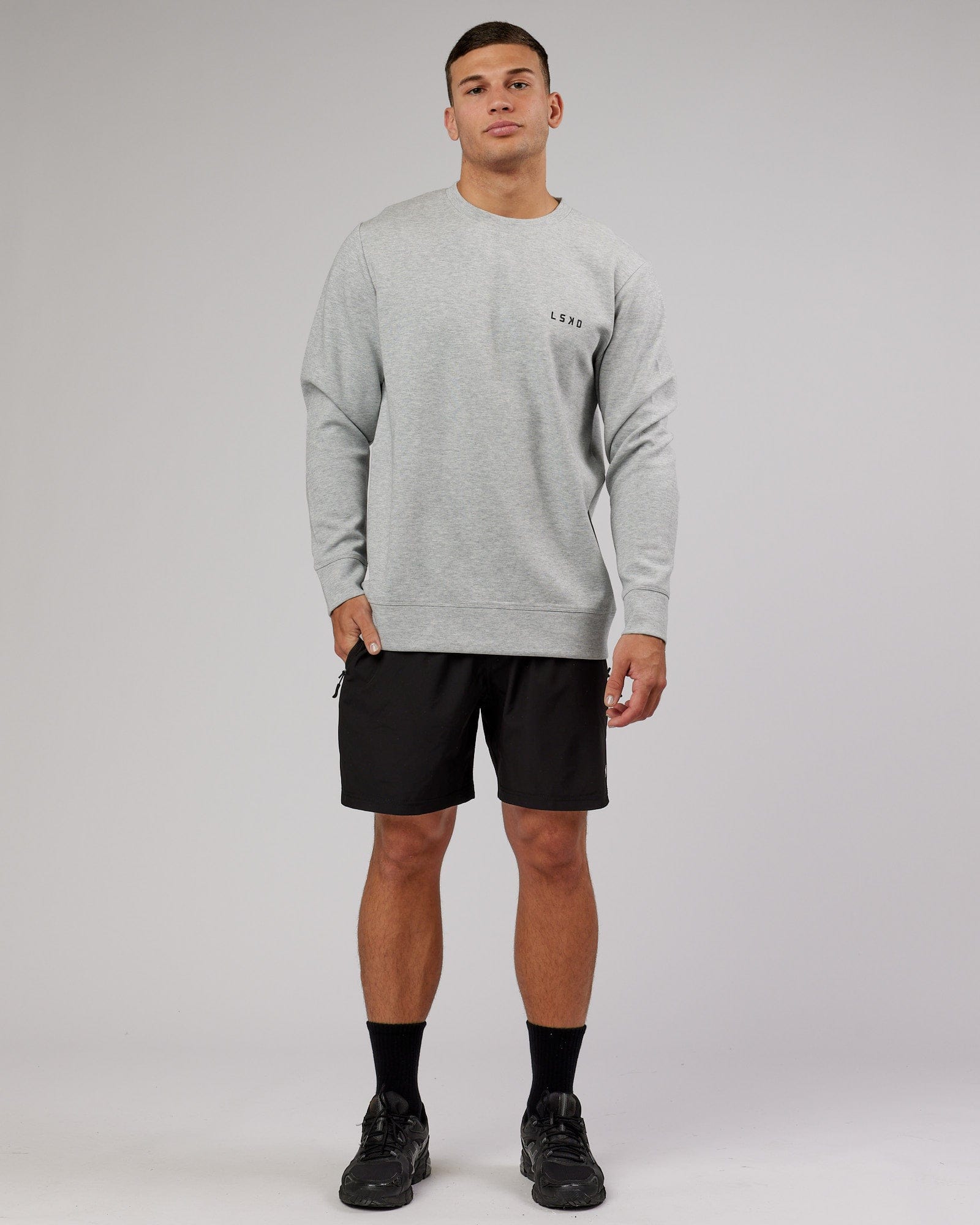 Model wearing Athlete ForgedFleece Sweater - Lt Grey Marl