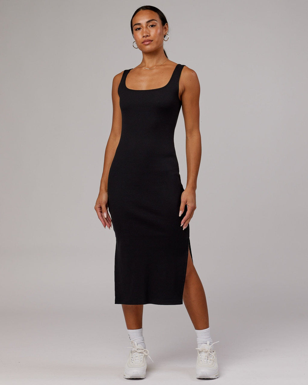 Model wearing Ava Ribbed Tank Dress - Black