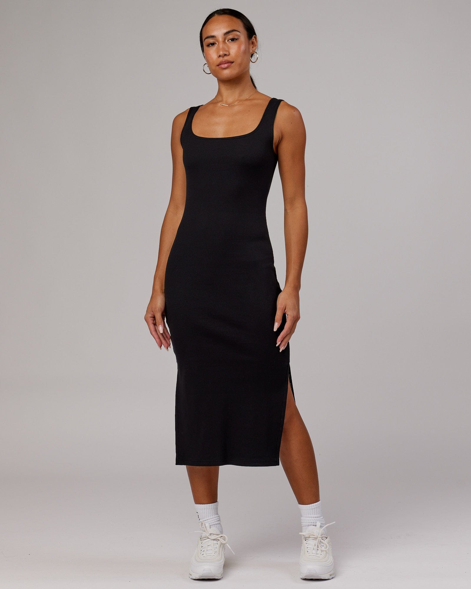 Model wearing Ava Ribbed Tank Dress - Black