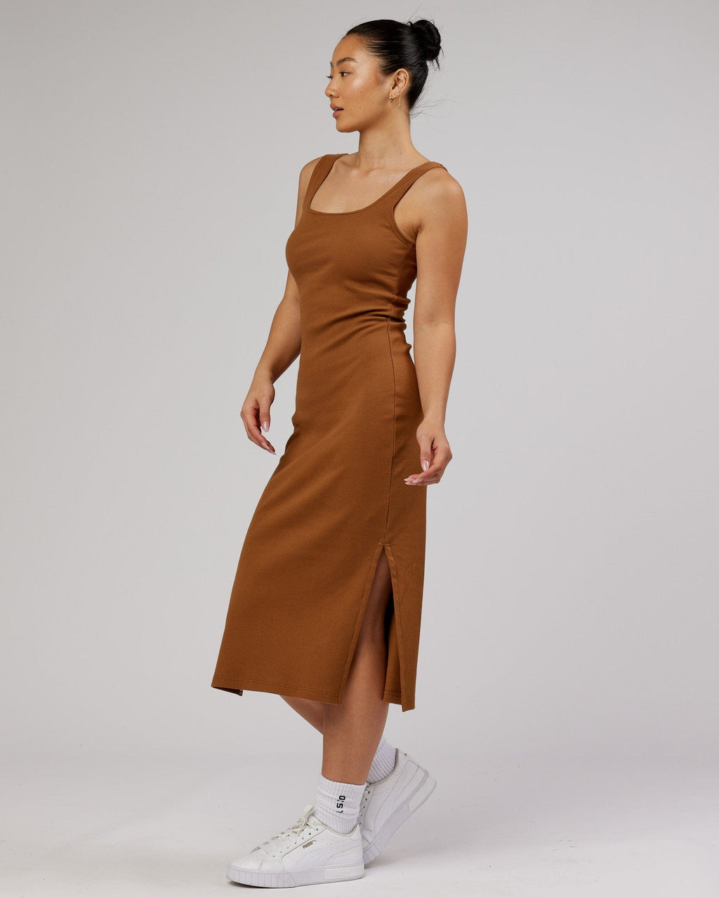 Model wearing Ava Ribbed Tank Dress - Camel
