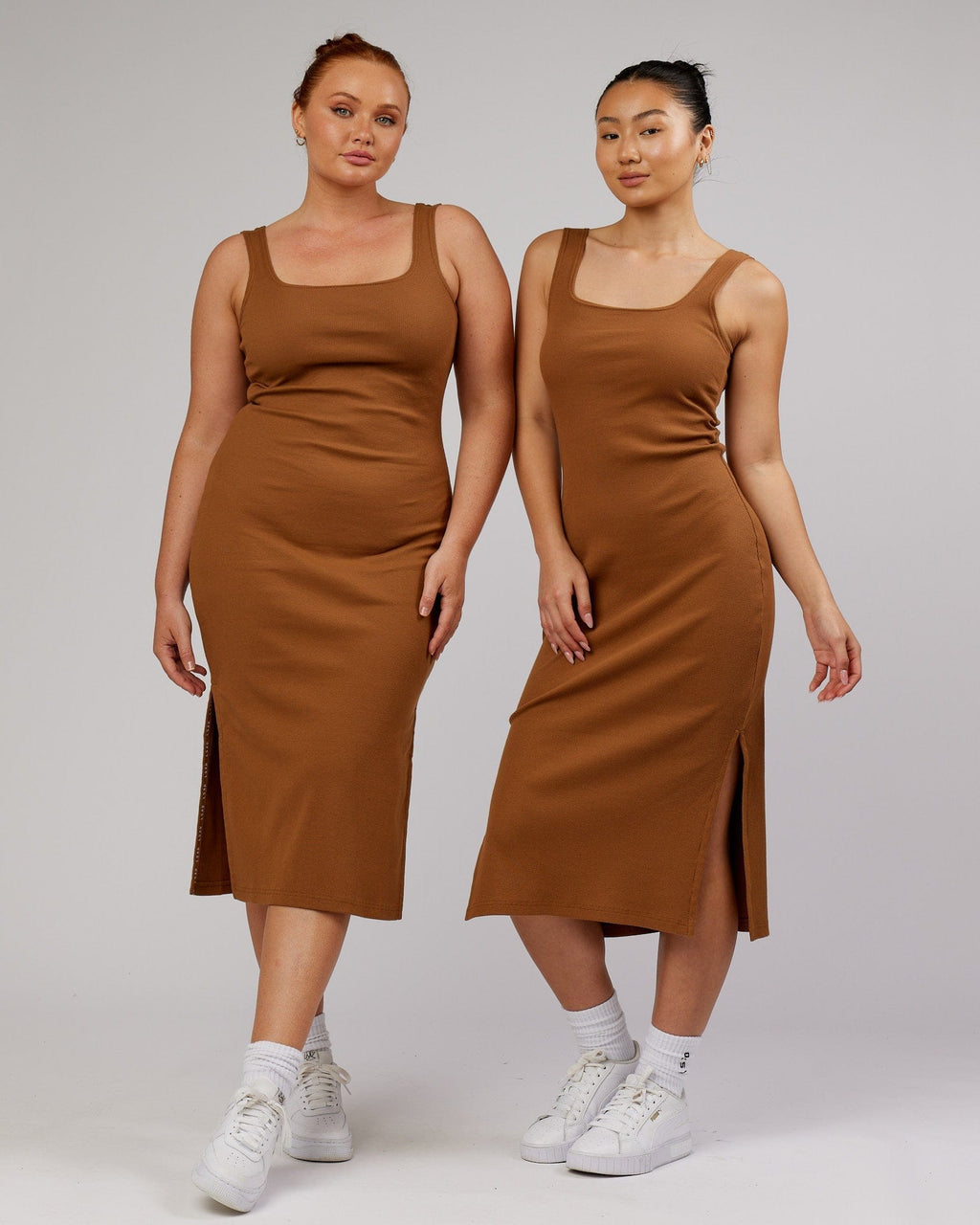 Model wearing Ava Ribbed Tank Dress - Camel