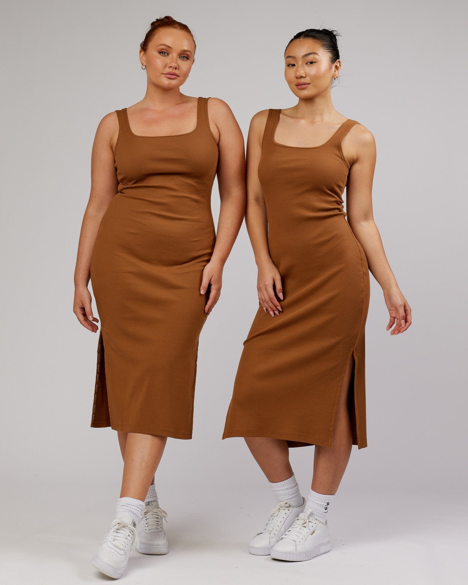 Model wearing Ava Ribbed Tank Dress - Camel