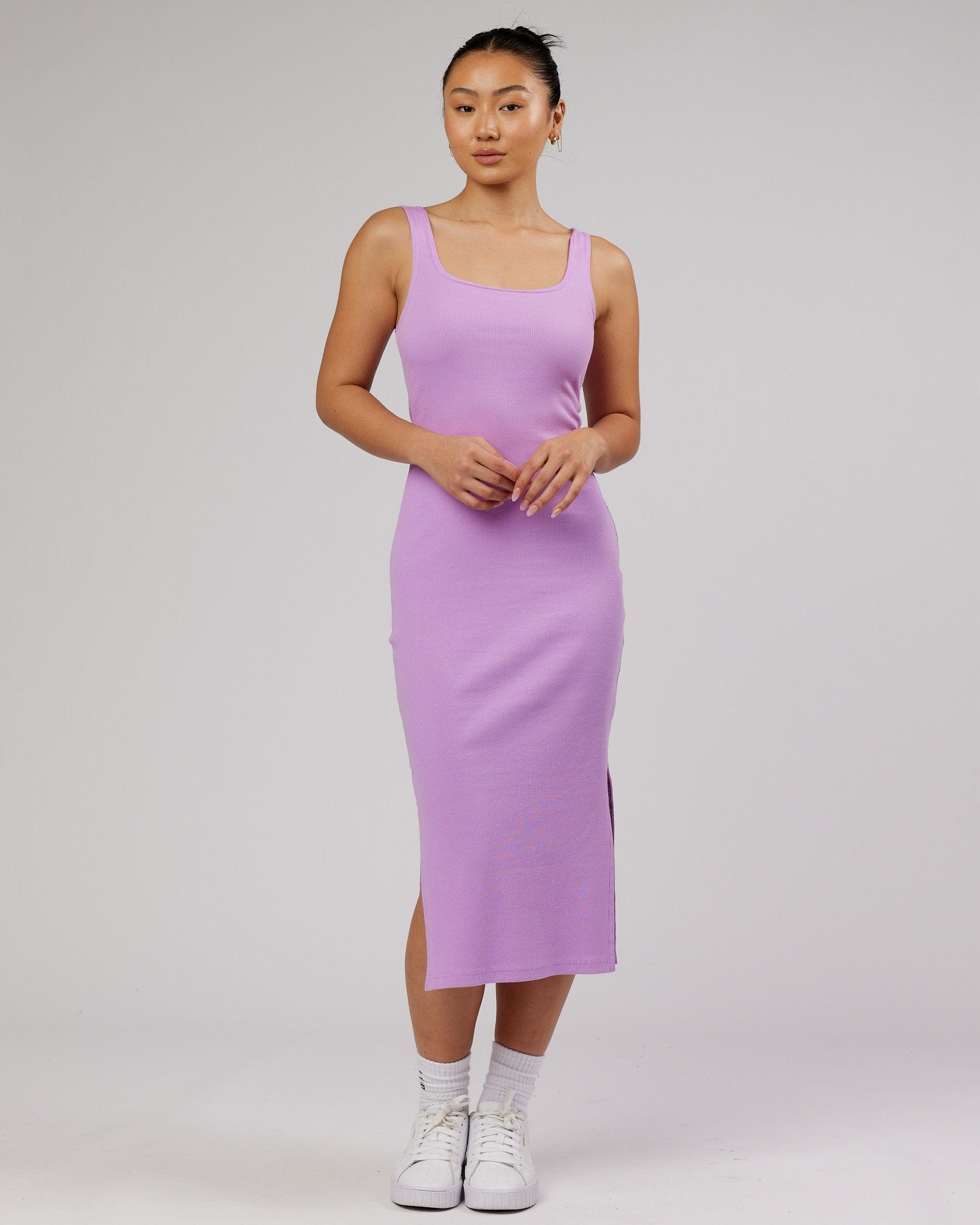 Model wearing Ava Ribbed Tank Dress - Lilac