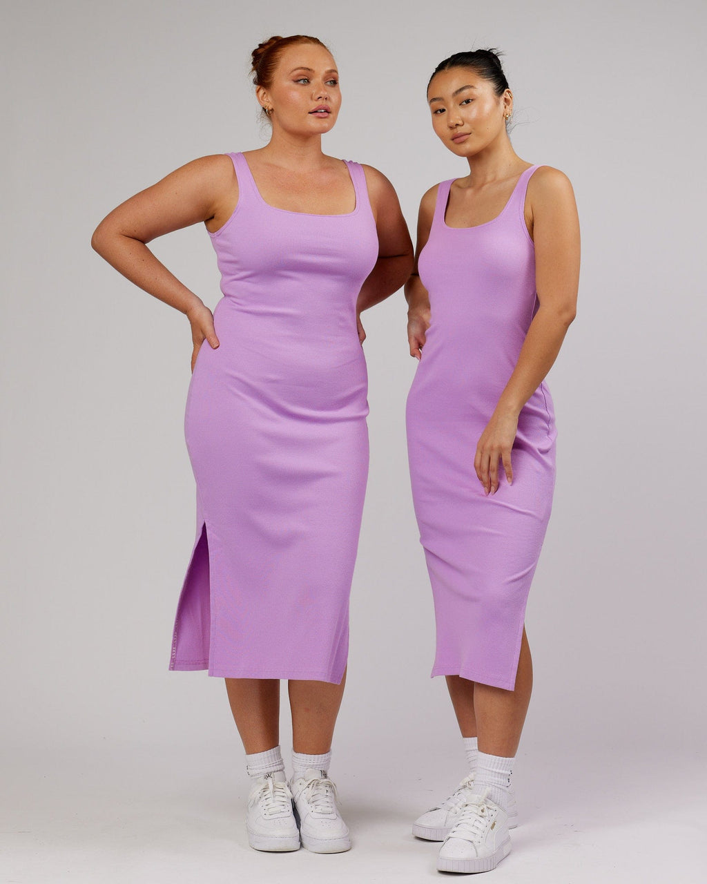 Model wearing Ava Ribbed Tank Dress - Lilac