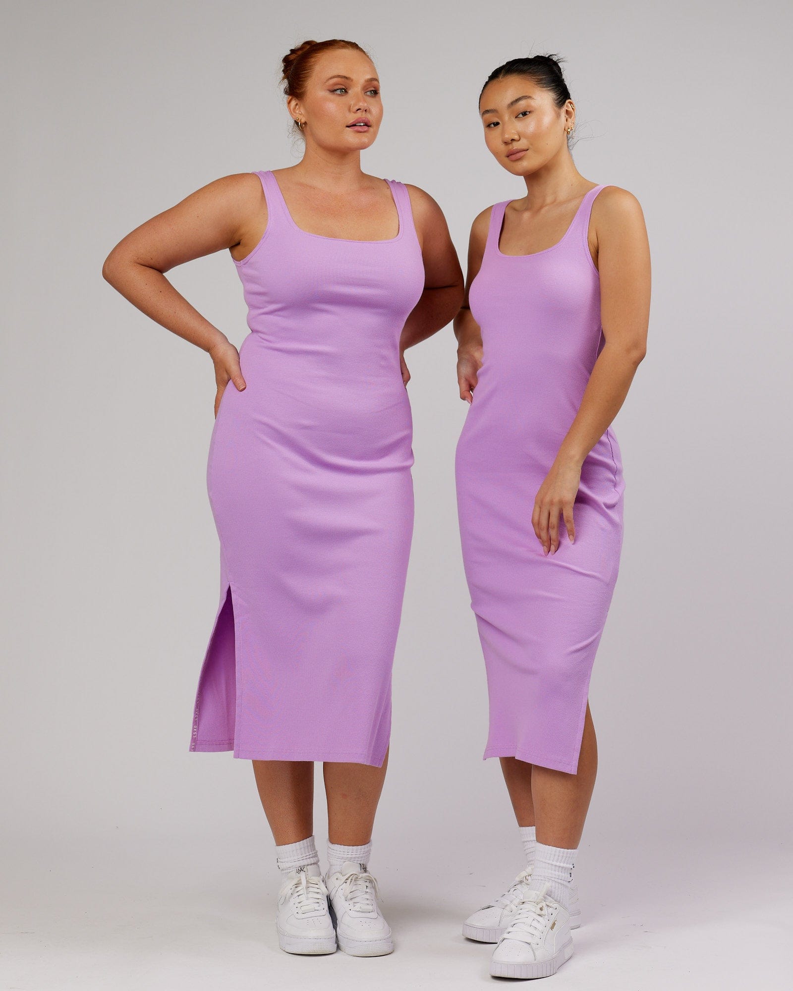 Model wearing Ava Ribbed Tank Dress - Lilac