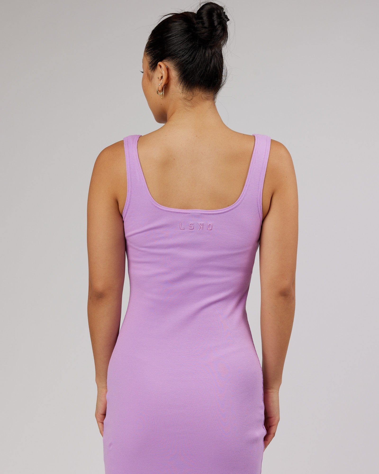 Model wearing Ava Ribbed Tank Dress - Lilac