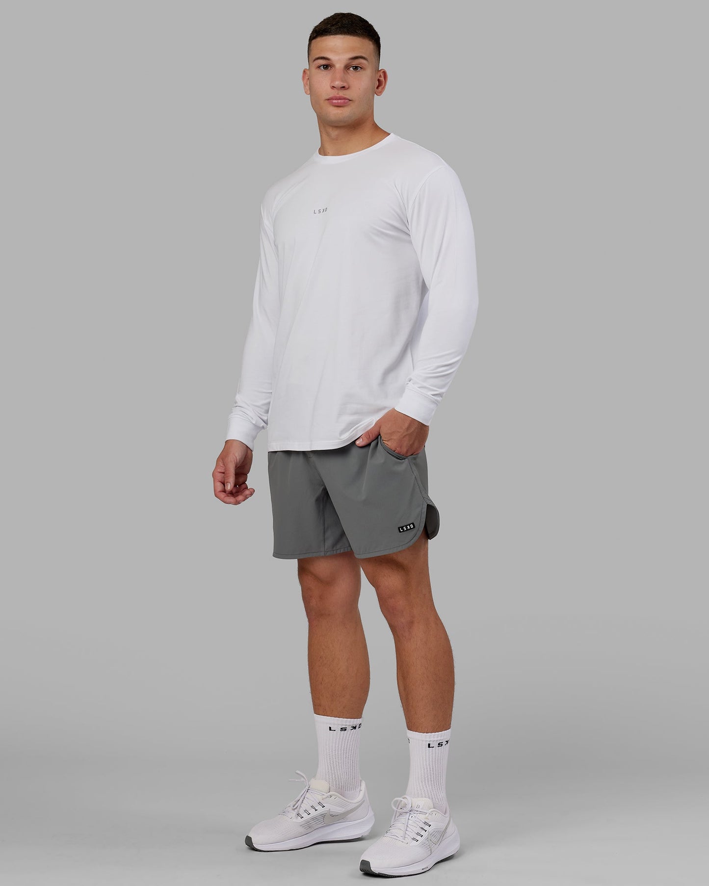 Model wearing Base FLXCotton LS Tee - White