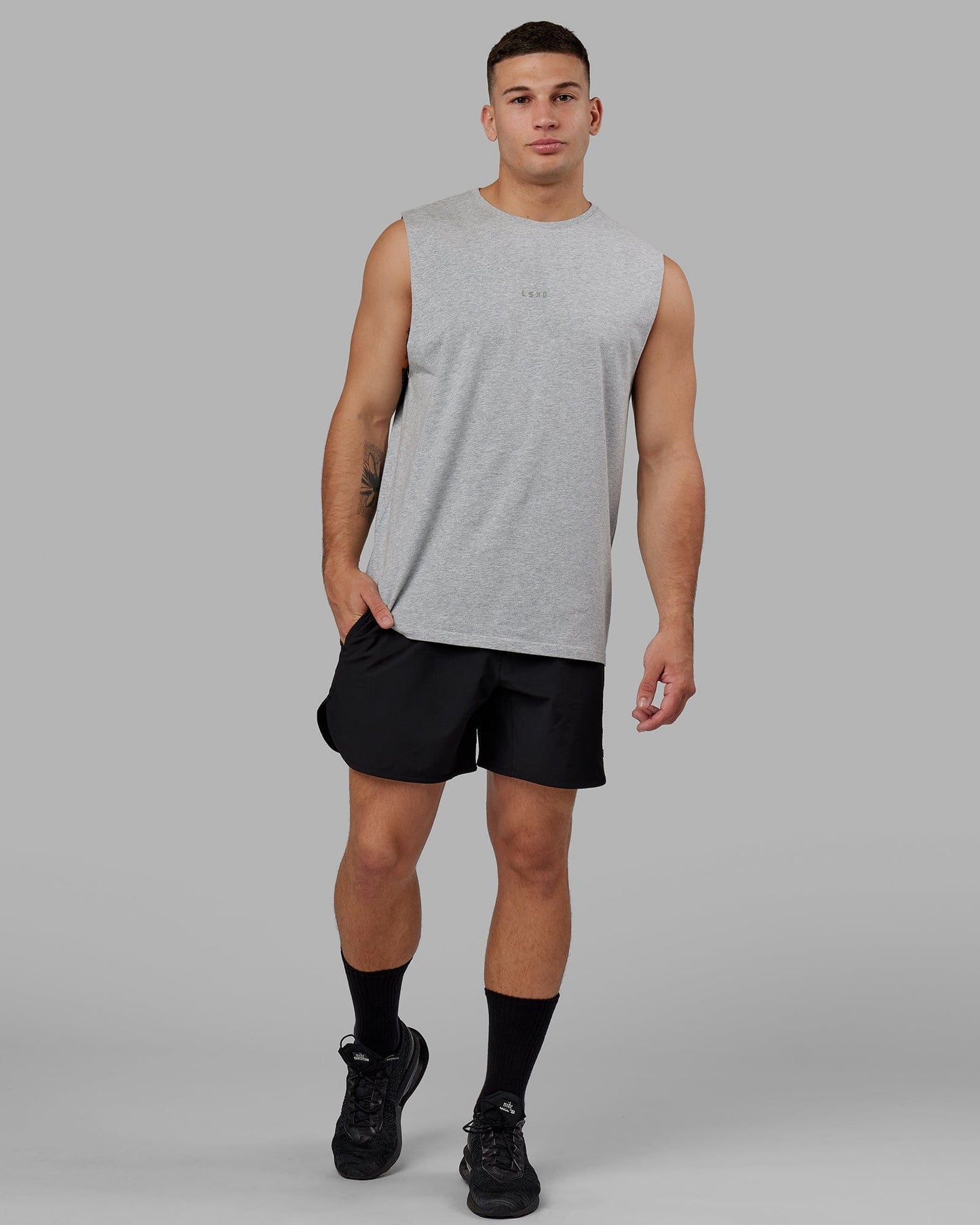 Model wearing Base FLXCotton Tank - Lt Grey Marl