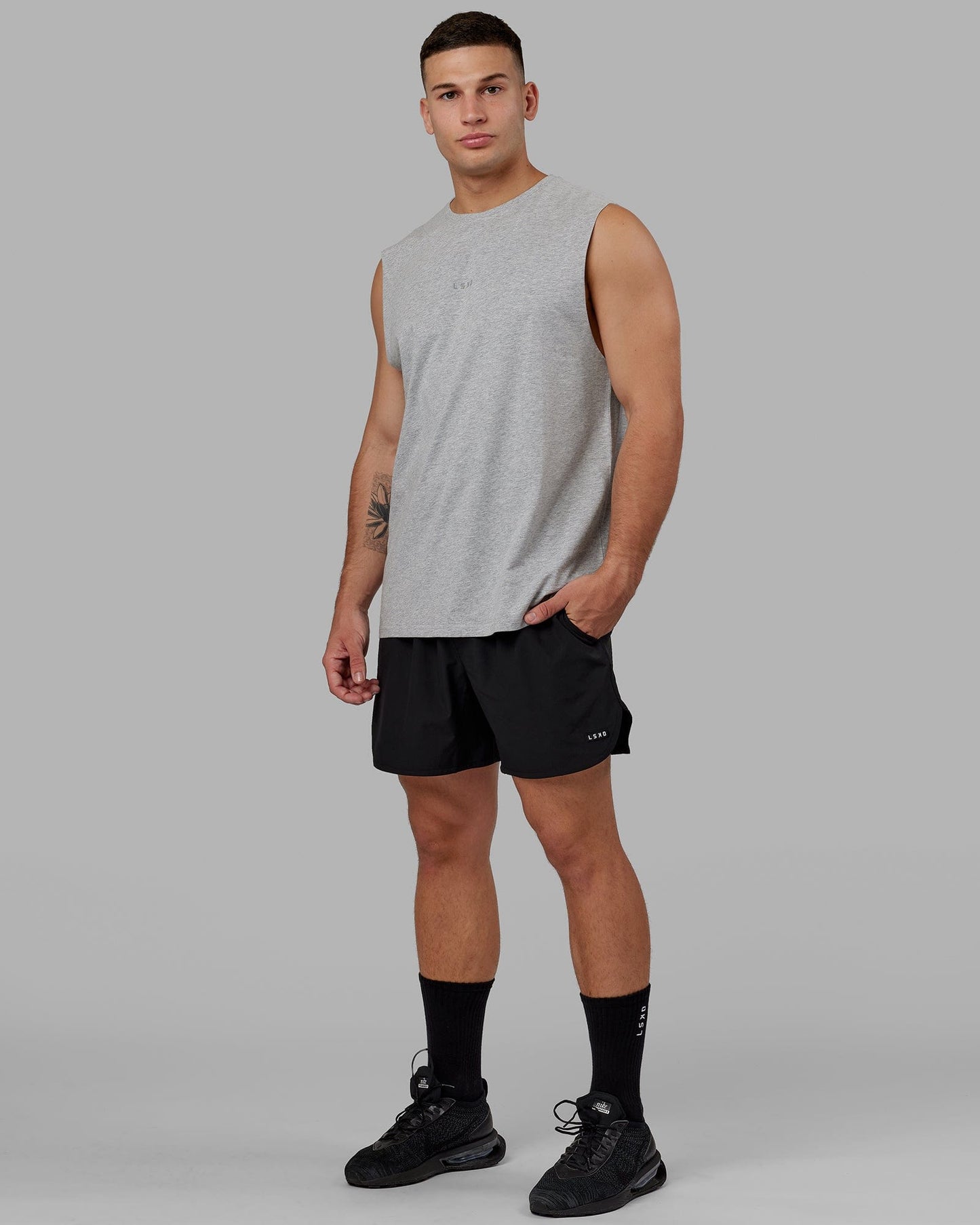 Model wearing Base FLXCotton Tank - Lt Grey Marl